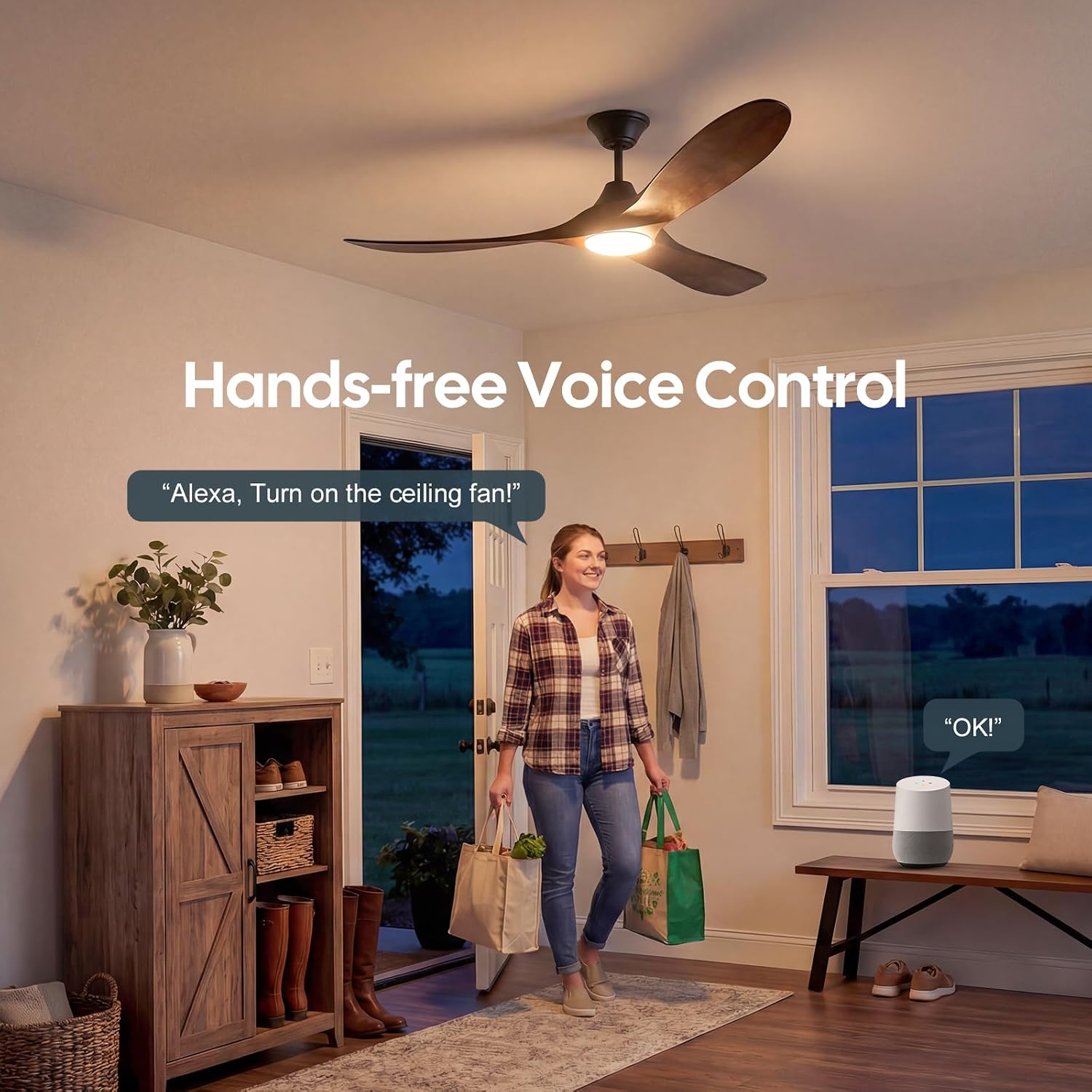 42 Inch Smart Ceiling Fan with Lights Remote, Alexa WIFI Voice Control, Low Profile Indoor/Outdoor Ceiling Fans for Patios Damp Rated, 3 Blades Wood Propeller DC Motor for Living Room,Bedroom,Porch