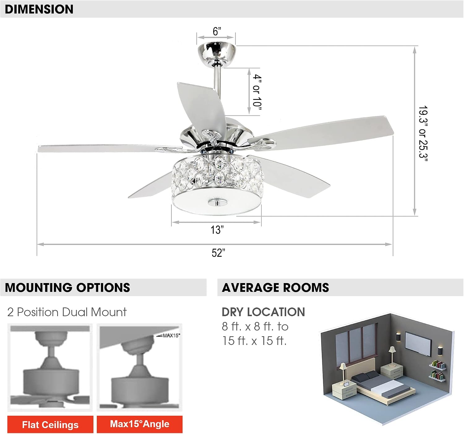 Parrot Uncle 52 Inch Ceiling Fans with Lights and Remote Control, Crystal Chandelier Fans for Bedroom Living Room, Reversible 5-Blade, 3 Speeds, Timer Function, Polished Chrome