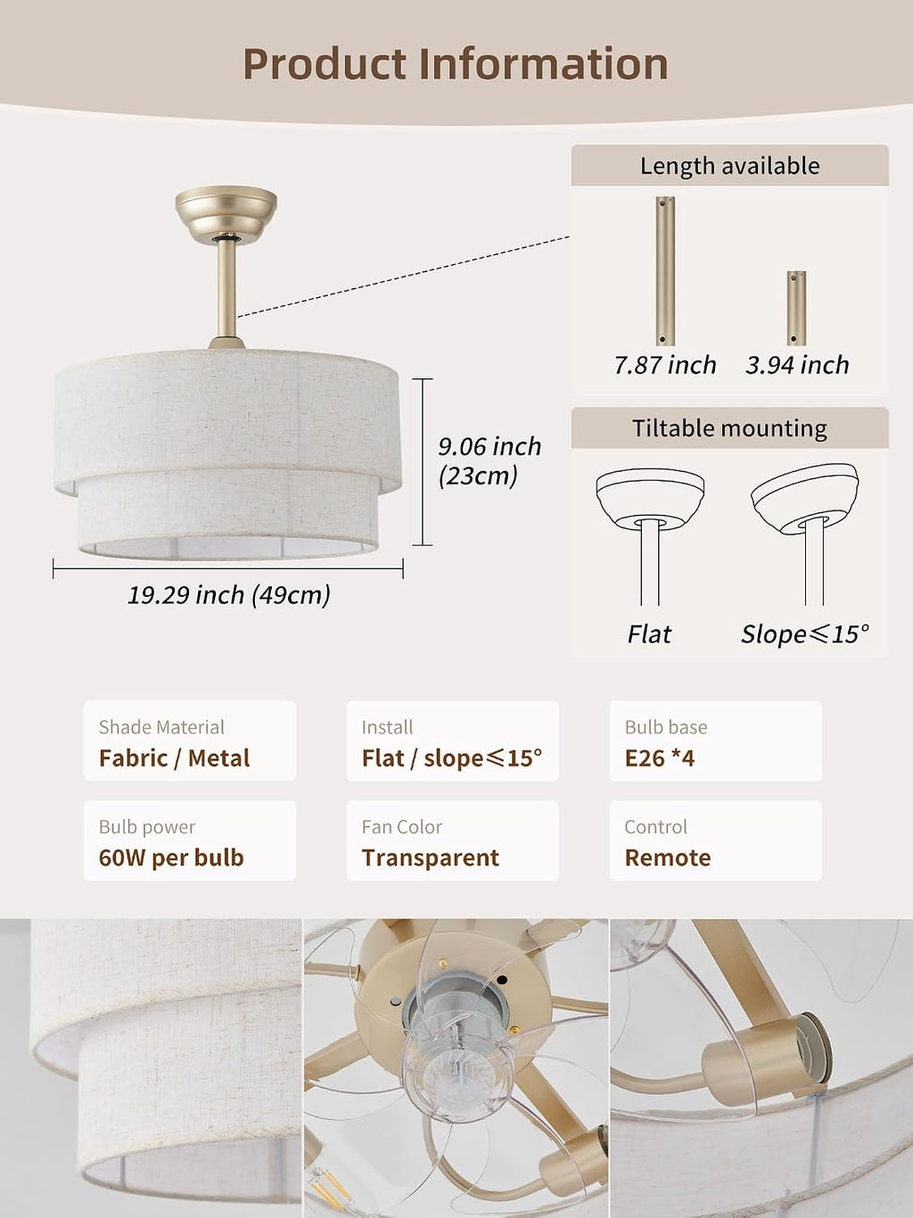 20' Boho Fandelier Ceiling Fans with Lights, Fabric Chandelier Ceiling Fan with Light Remote Control, Caged with 6 Speeds for Living Room, Bedroom, Nursery.
