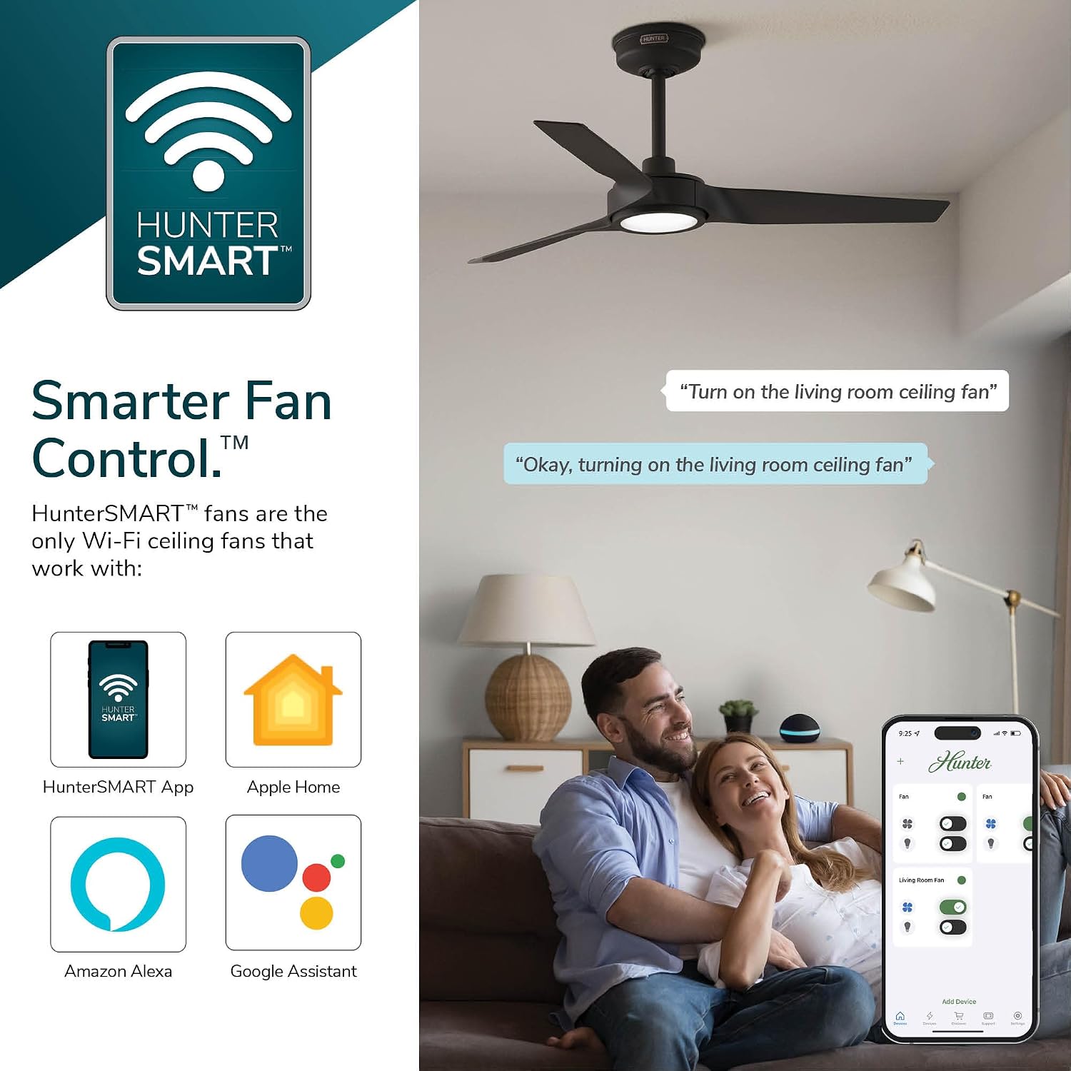 Hunter 52' ZenTech Outdoor Smart Ceiling Fan, LED Light, Remote, Black | ENERGY STAR certified with Apple, Google, Alexa support and covered outdoor use for bedrooms, living rooms, or patios.