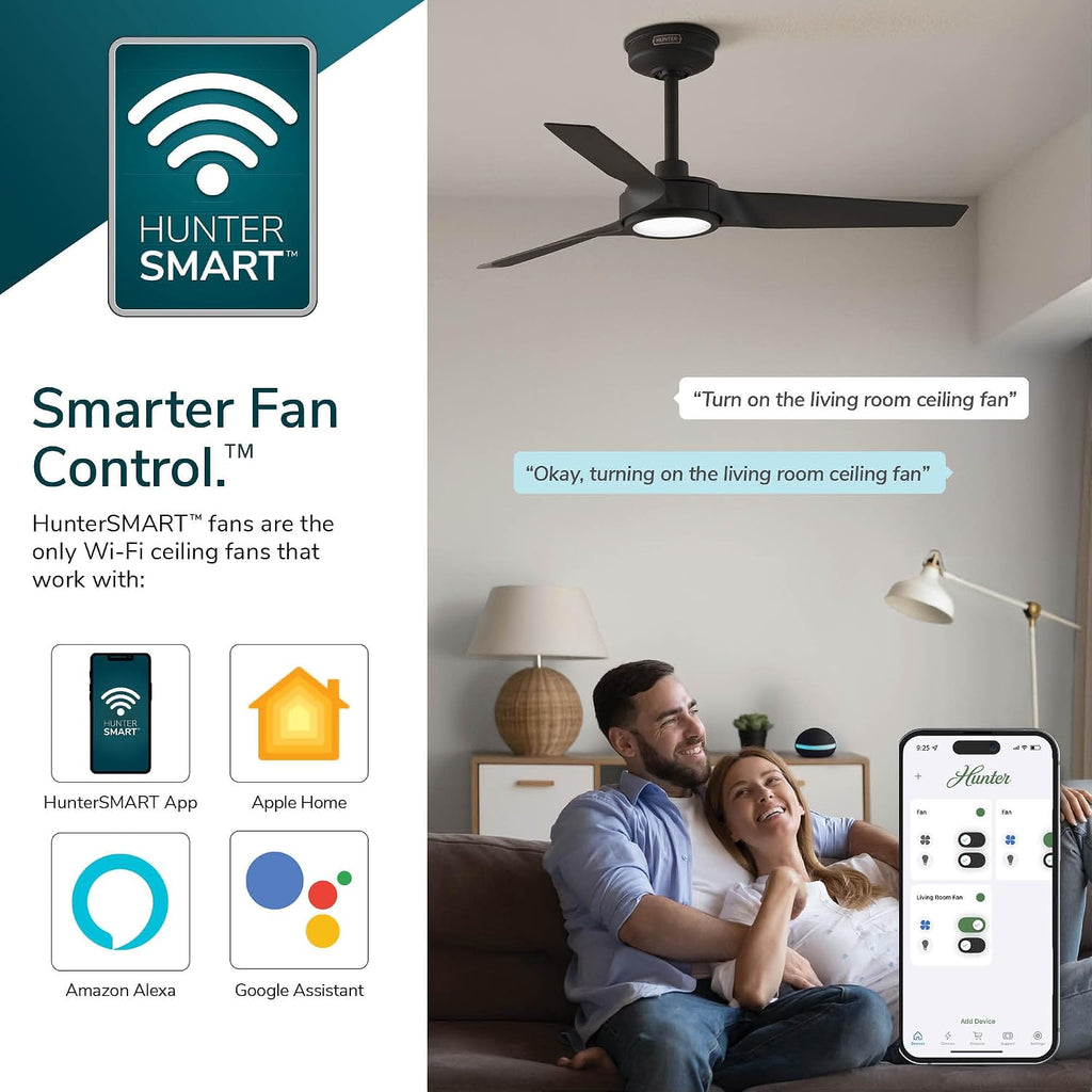 Hunter 44' ZenTech Outdoor Smart Ceiling Fan, LED Light, Remote, Black | ENERGY STAR certified with Apple, Google, Alexa support and covered outdoor use for small rooms, offices, or porches.