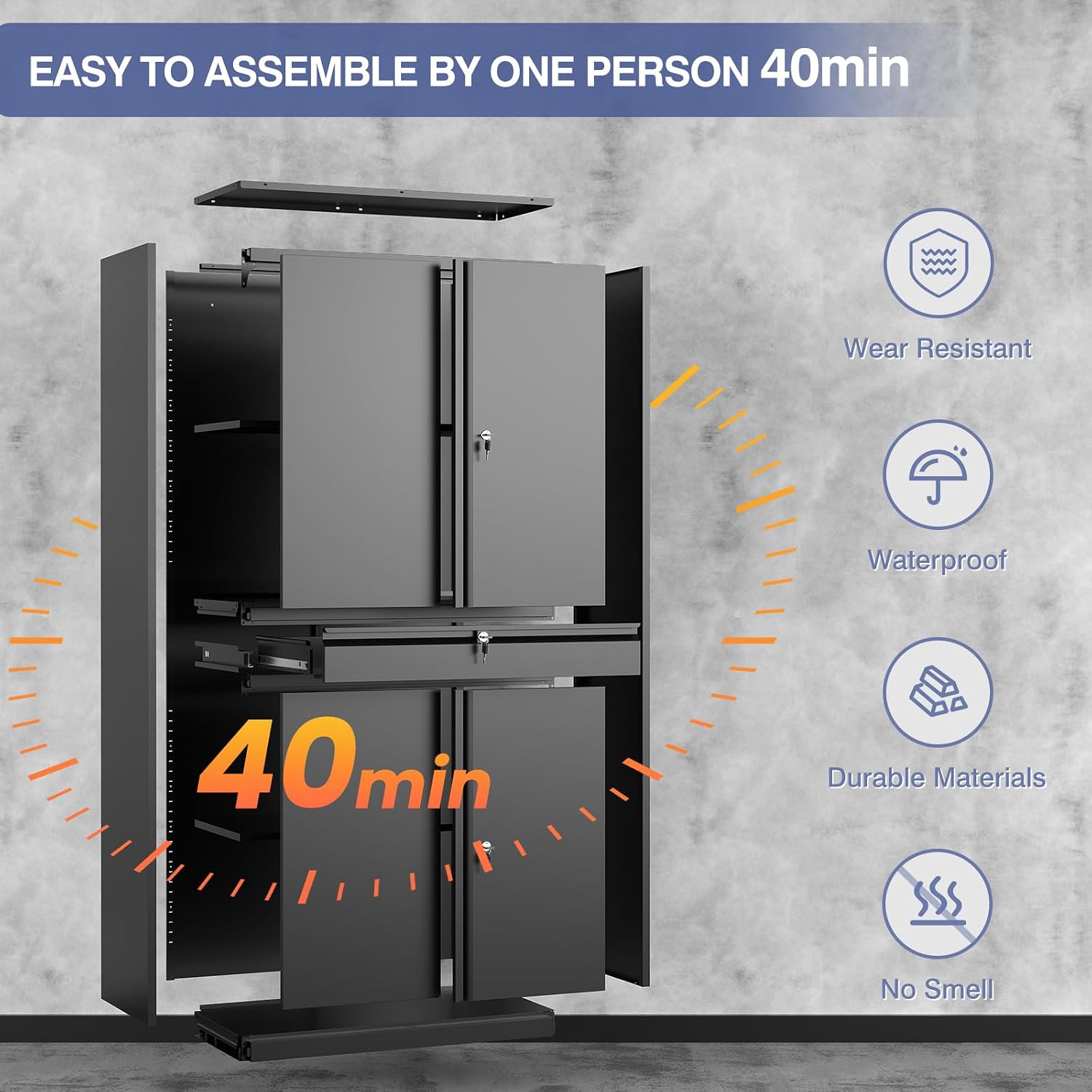 Metal Storage Cabinet with Drawer, Garage Storage Cabinet with Locking Doors and Adjustable Shelves,Tool Steel Cabinet for Garage, Home Office,Warehouse (Black)