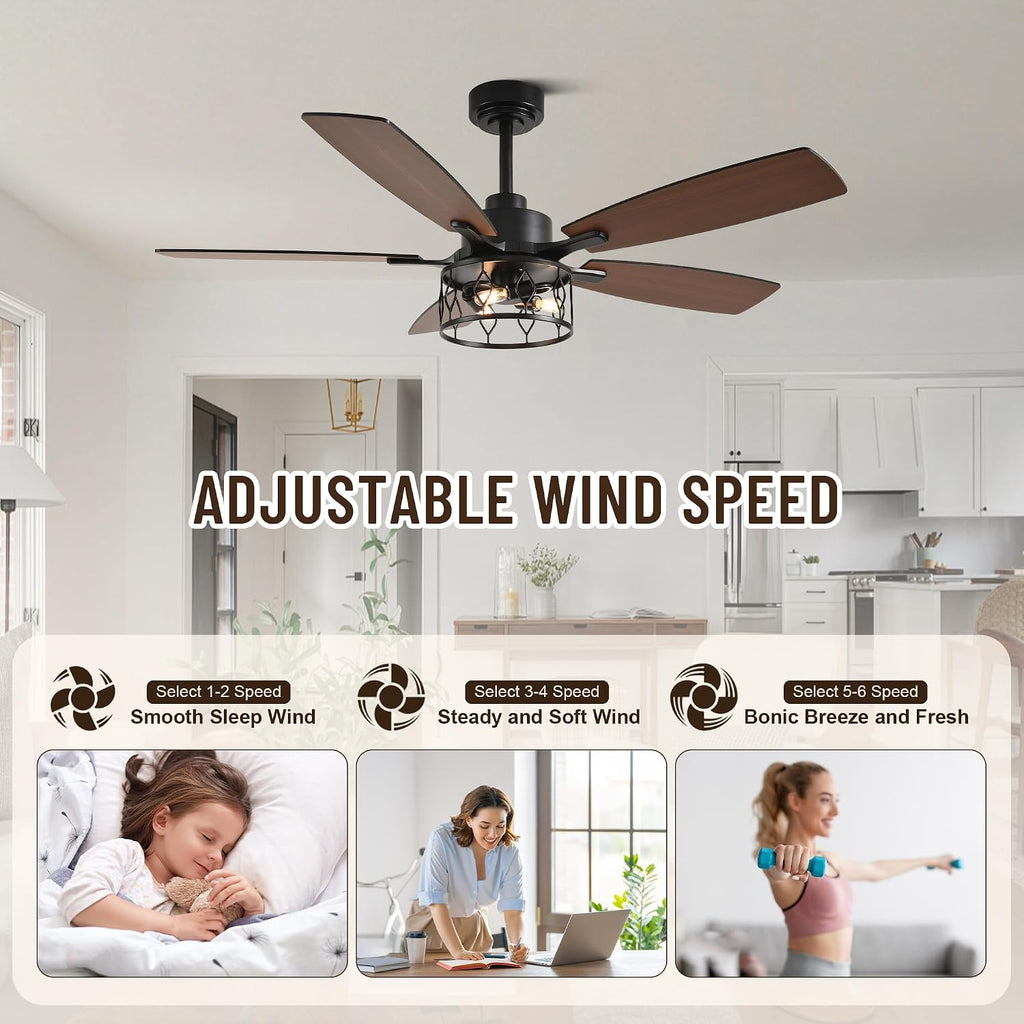 52'' Caged Ceiling Fans with Lights and Remote Control,Reversible DC Motor,5 Double Colour Blades,Rustic Farmhouse Ceiling Fan for Living Room,Dining Room,Bedroom