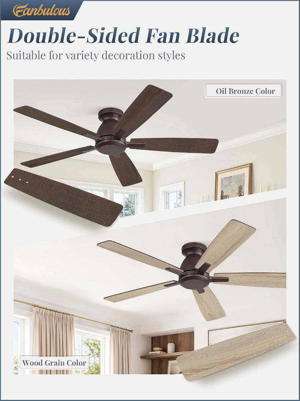 Fanbulous 52 Inch Flush Mount Ceiling Fan No Light with Remote,Modern Low Profile Without Light,6-Speeds,Quiet Reversible DC Motor,Indoor&Outdoor Ceiling Fans for Bedroom,Living Room,Oil Bronze
