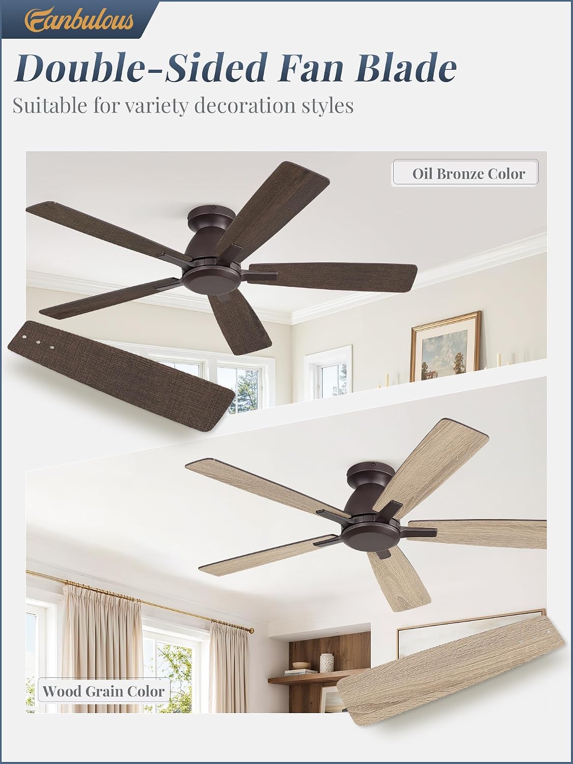 Fanbulous 52 Inch Flush Mount Ceiling Fan No Light with Remote,Modern Low Profile Without Light,6-Speeds,Quiet Reversible DC Motor,Indoor&Outdoor Ceiling Fans for Bedroom,Living Room,Oil Bronze