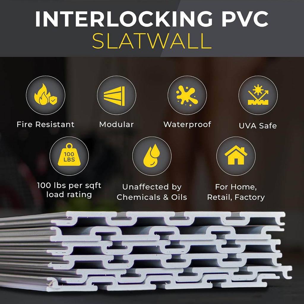 Heavy Duty 4x8 PVC Garage SlatWall Storage System (with Endcaps & Screws) - Modular Slat Wall Paneling for Garage Wall Organizer - Interlocking SlatWall Panels for Home & Commercial Use (White)