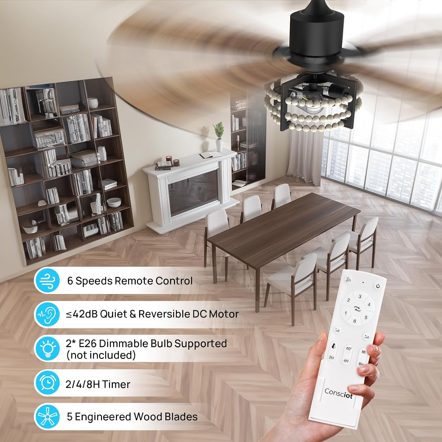 Consciot Boho Ceiling Fans with Lights Remote 52 Inch, Farmhouse Caged Ceiling Fan, 5 Double Finish Wood Blades, Reversible DC Motor, Rustic Ceiling Fan for Living Rooms, Bedrooms, Porch, Boho Decor