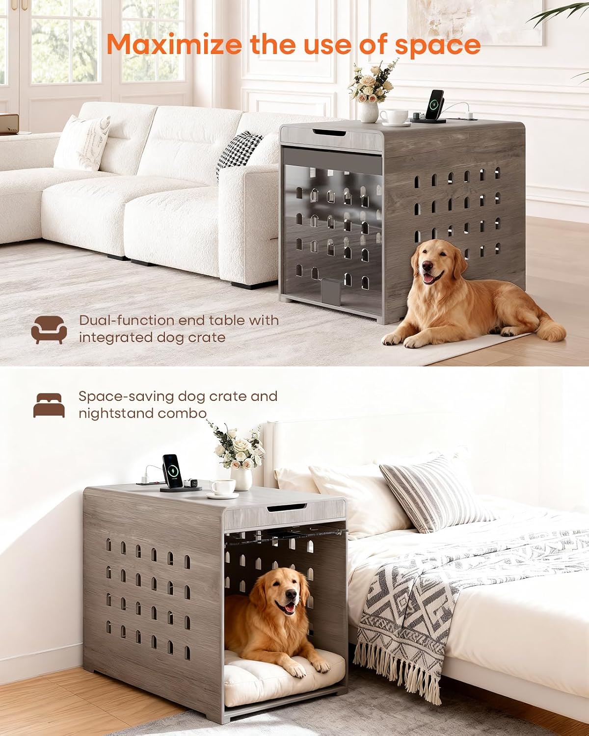 Modern Dog Crate Furniture with Charging Station Large Kennel Indoor with Flip-up Hidden Acrylic Door for Large and Medium Breeds up to 110lb Wood Pet End Side Table Cage, Grey
