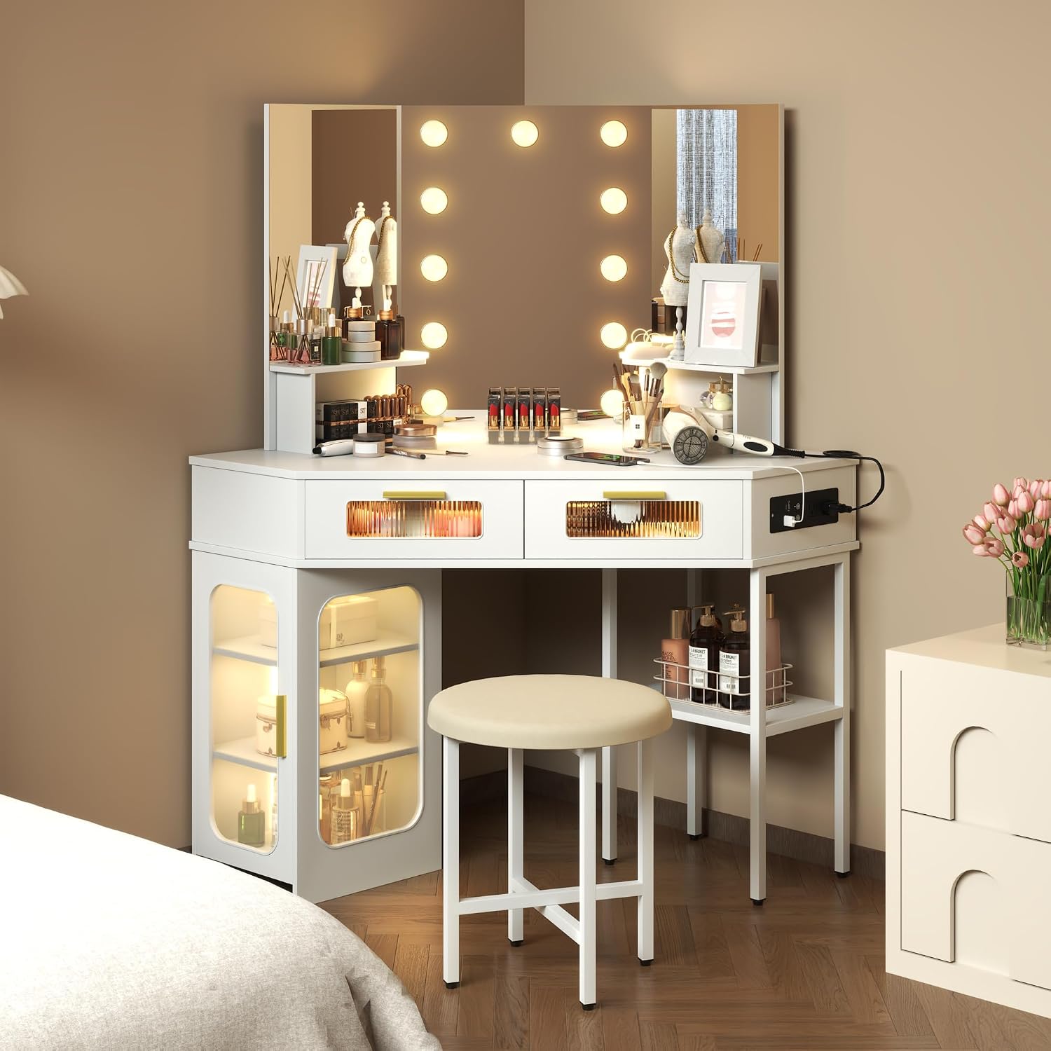 Lareth Corner Vanity Desk with 3 Way Mirror and Lights, Modern Makeup Vanity with Charging Station, Stool, 45.5' Large Bedroom Dressing Table with 2 Drawers & Shelves, Gifts for Girls Women, White