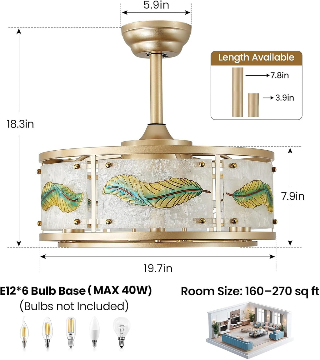 AIJIASI Gold Fandelier Ceiling Fans with Lights, 20' Caged Ceiling Fan with Light and Remote Control, Chandelier Ceiling Fan Low Profile with 6 Speeds for Bedroom, Living Room, Nursery