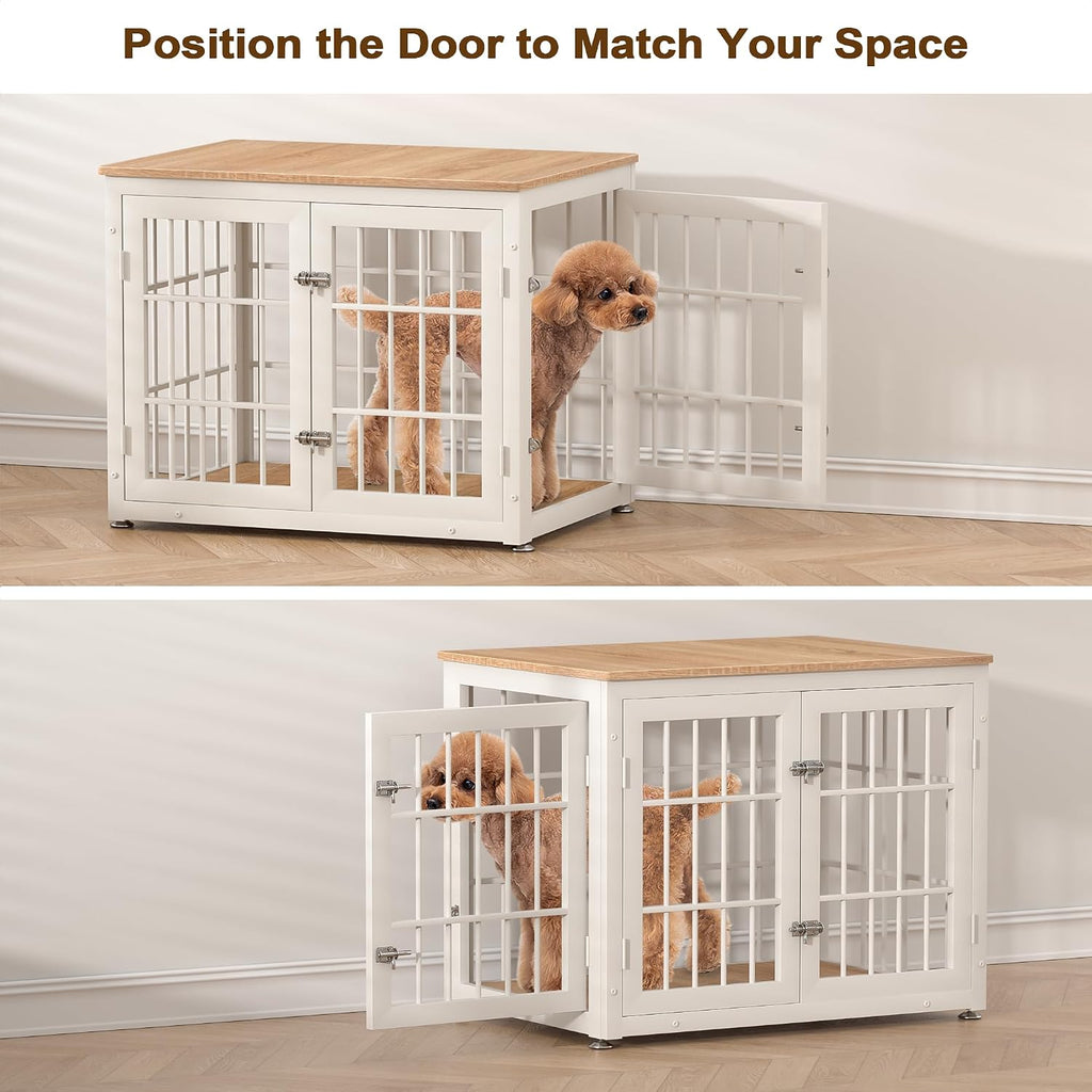 rehomerance 32 Inch Heavy Duty Dog Crate Furniture for Medium and Small Dogs, Decorative Pet House End Table, Wooden Cage Kennel Furniture Indoor, Natural and White