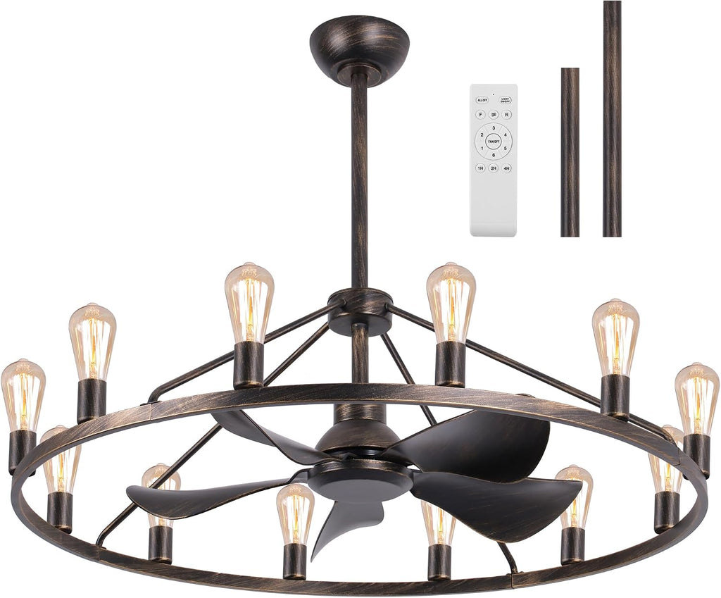 Miuyhji Farmhouse Ceiling Fan with Lights and Remote,Bronze Fandelier,Wagon Wheel Chandelier with Fan,44 Inch Rustic Fans for 20x25' Large Room