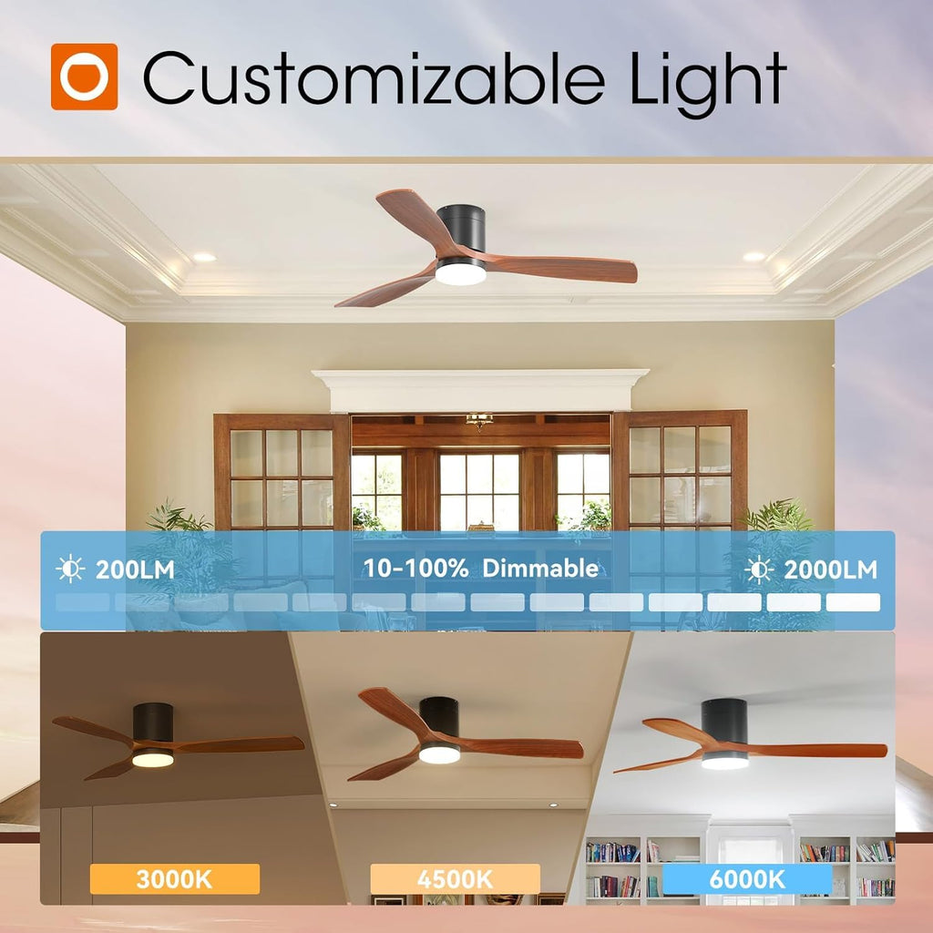 addlon 2 Pack 52 inch Ceiling Fans with Lights, Black Low Profile Ceiling Fan with Light and Remote Control, Flush Mount, Reversible, 3 Wood Blades, 3CCT Dimmable, Ceiling Fan for Indoor/Outdoor Use