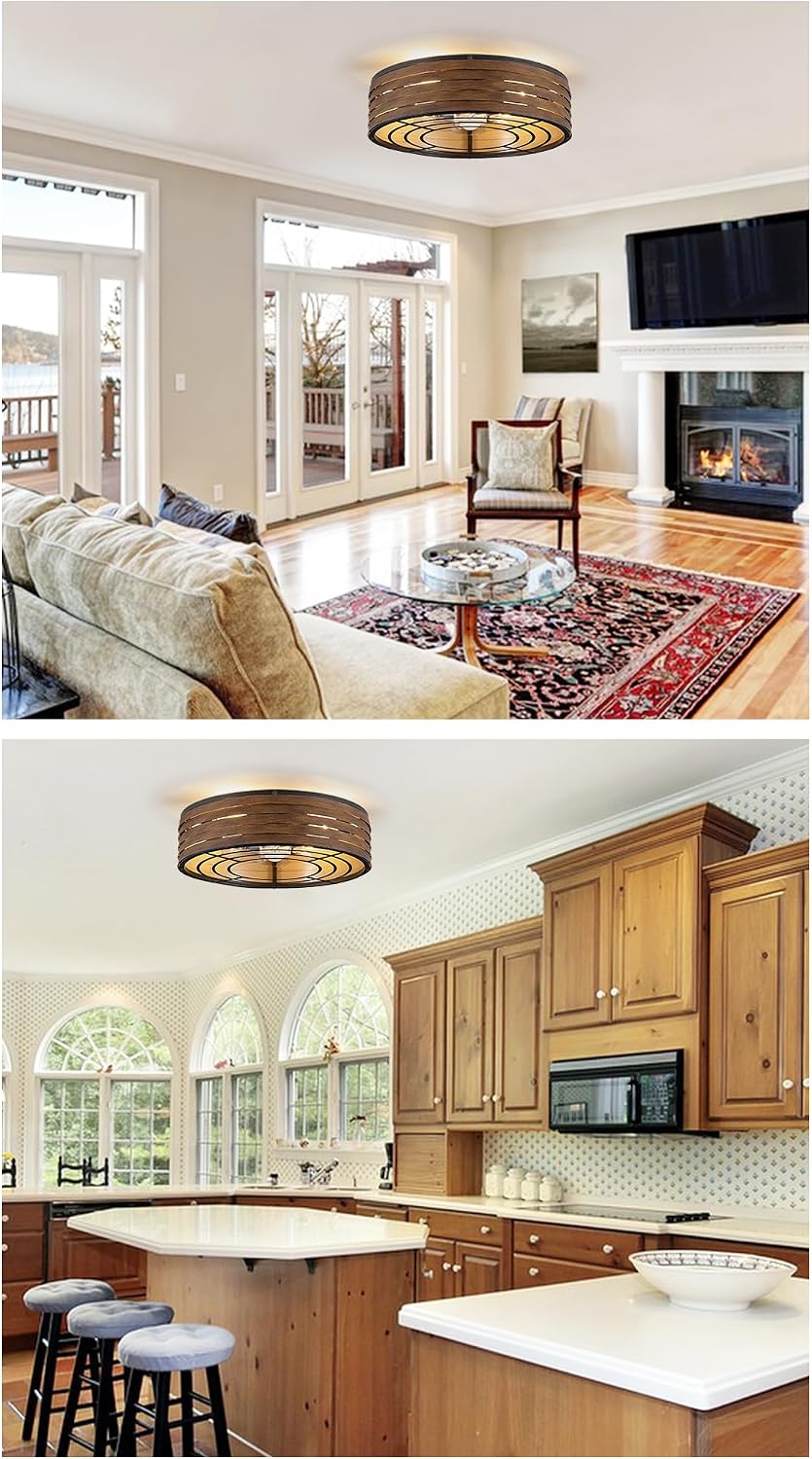 20'' Flush-Mount Ceiling Fan with Light and Remote, Reversible Motor, Perfect for Bedroom, Living Room, Kitchen, Outdoor Gazebo, Patio, Low-Profile Design Cage (Wooden Walnut)