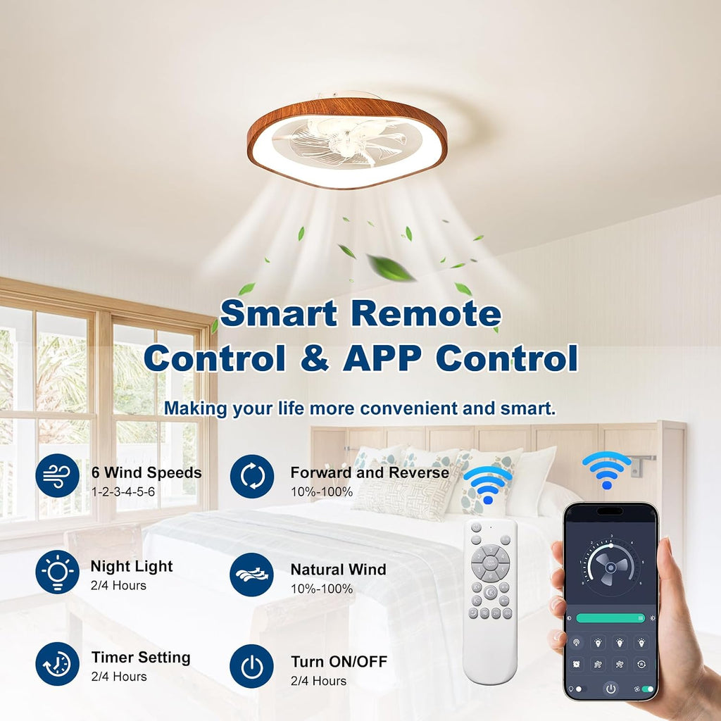 19.7' Modern Ceiling Fans with Lights and Remote, Dimmable Low Profile Ceiling Fan, Farmhouse Smart Bladeless Fandelier Flush Mount Ceiling Fan for Bedroom Dining Room
