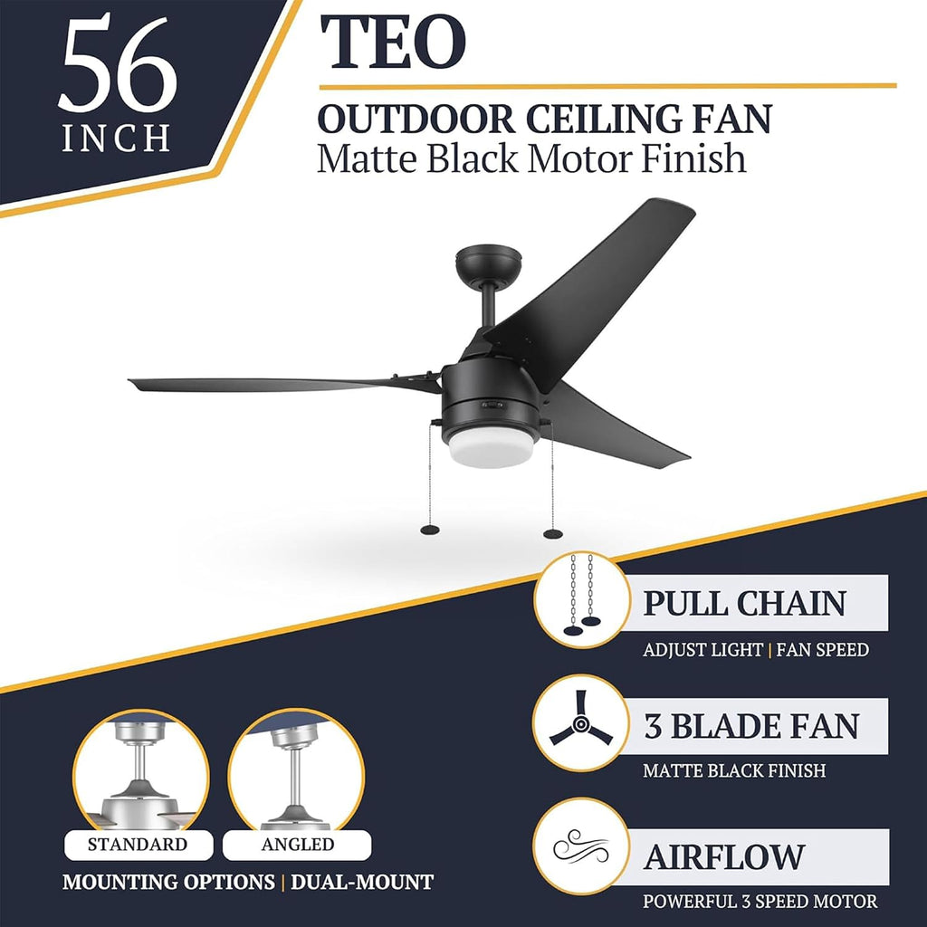 Prominence Home Teo 56' LED Indoor Outdoor Ceiling Fan with Light, Matte Black - Wet Rated Dual Mounting Fan with Pull Chain and Reversible Airflow