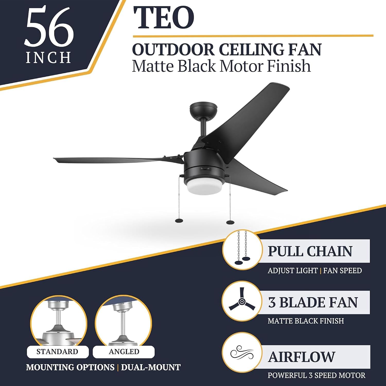 Prominence Home Teo 56' LED Indoor Outdoor Ceiling Fan with Light, Matte Black - Wet Rated Dual Mounting Fan with Pull Chain and Reversible Airflow