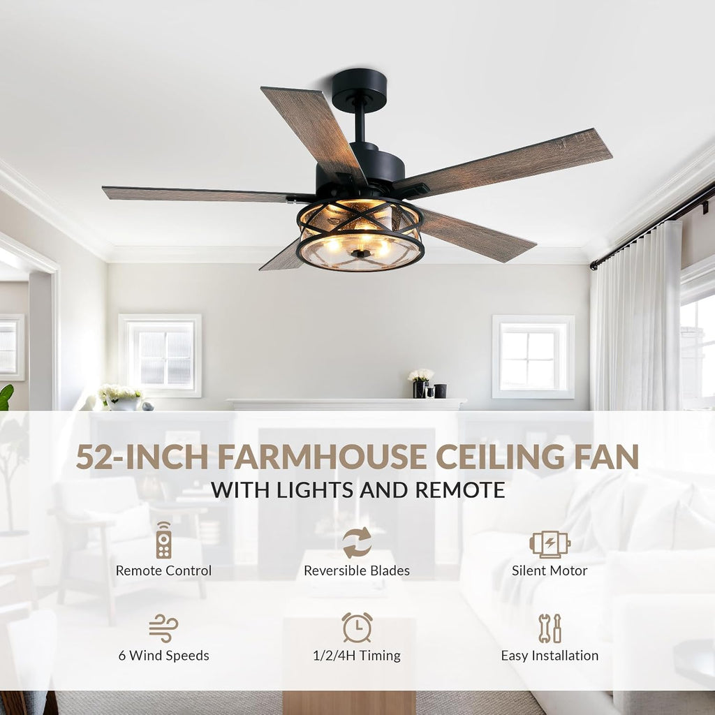 Farmhouse Ceiling Fans with Lights and Remote Control, 52 Inch Rustic Fandelier Ceiling Fan with Bubble Glass Shade 6-Speed Caged Ceiling Fan for Living Dining Room Bedroom,Walnut/Brown