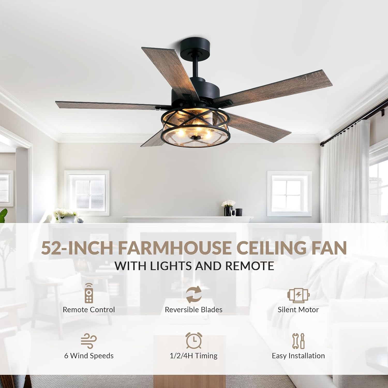 Farmhouse Ceiling Fans with Lights and Remote Control, 52 Inch Rustic Fandelier Ceiling Fan with Bubble Glass Shade 6-Speed Caged Ceiling Fan for Living Dining Room Bedroom,Walnut/Brown