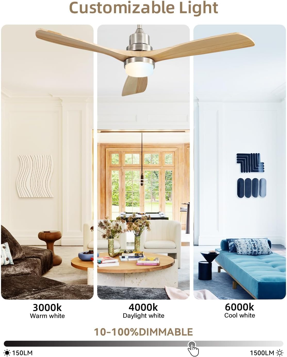 Sofucor 52 Inch Smart Ceiling Fans with Lights and Alexa/Google Assistant/APP/Remote Control-Modern Outdoor 3 Solid Wood Blades Ceiling Fan for Bedroom Living Room Patio, Sandy Nickel&Natural Wood