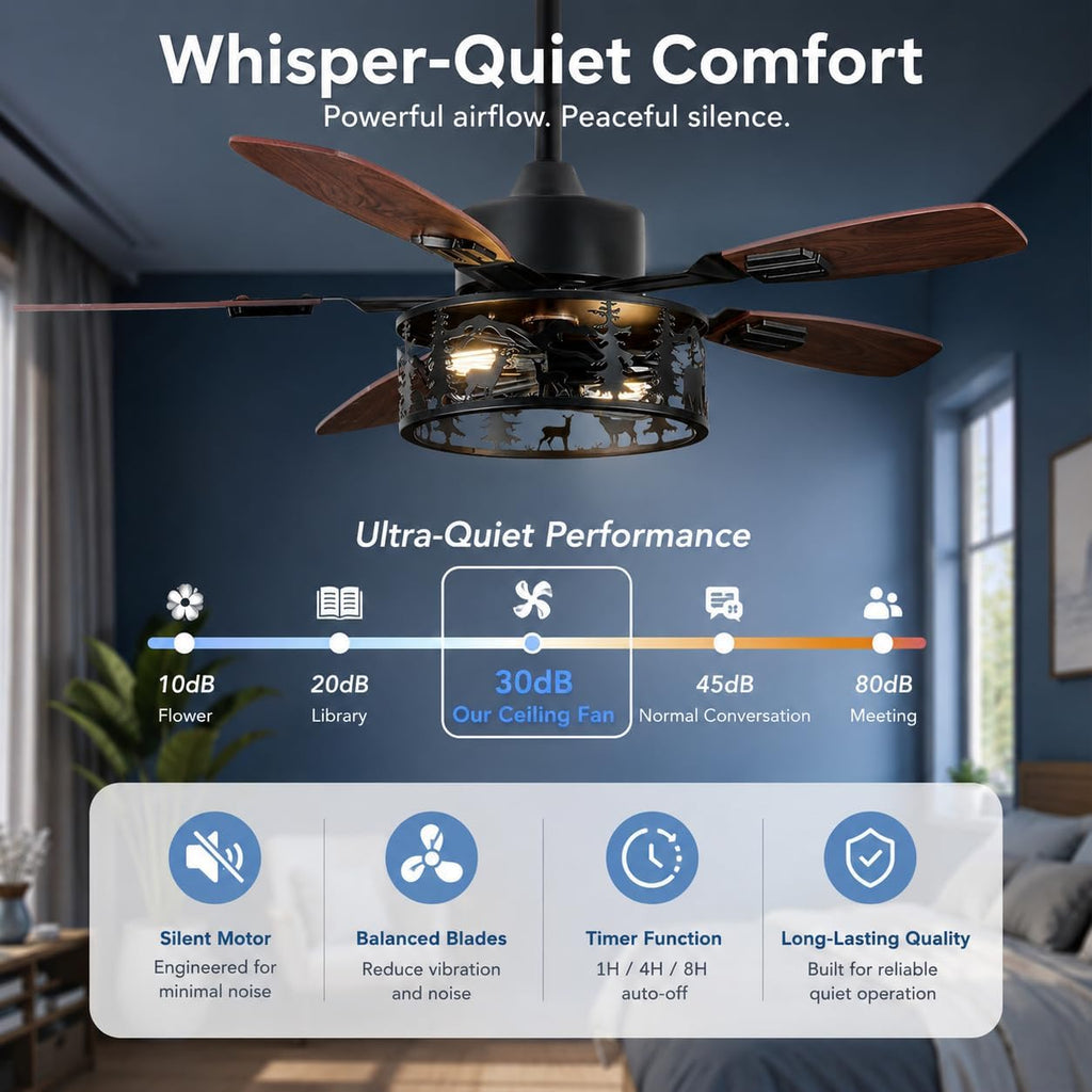 52' Rustic Ceiling Fan with Light - Bear Deer Design, 6 Speeds Reversible DC Motor Farmhouse Industrial Black Ceiling Fans Remote Control for Bedroom, Living Room, Kitchen