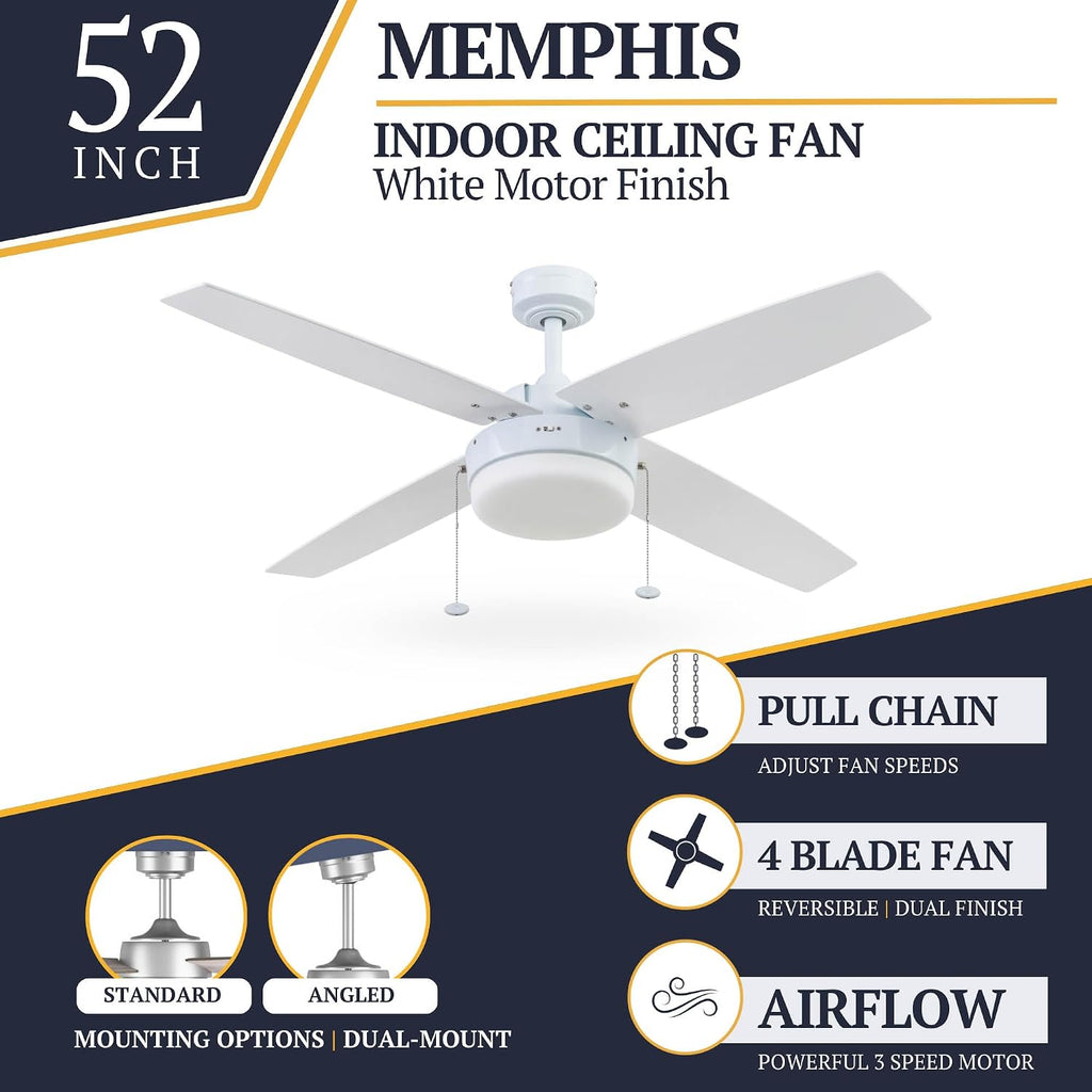 Prominence Home Memphis, 52 Inch Contemporary Indoor LED Ceiling Fan with Light, Pull Chain, Dual Mounting Options, 4 Dual Finish Blades, Reversible Motor - 51651-01 (Bright White)