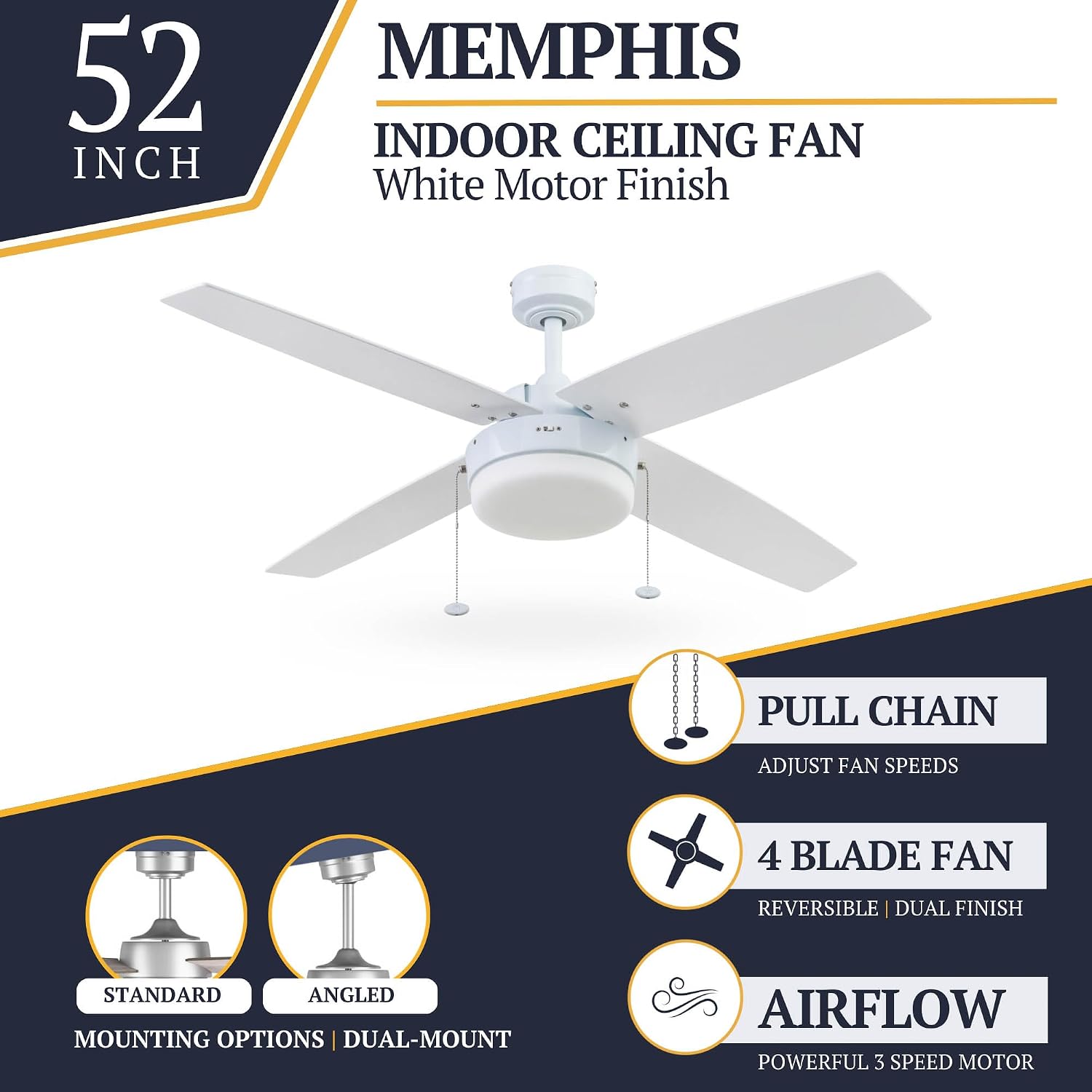 Prominence Home Memphis, 52 Inch Contemporary Indoor LED Ceiling Fan with Light, Pull Chain, Dual Mounting Options, 4 Dual Finish Blades, Reversible Motor - 51651-01 (Bright White)