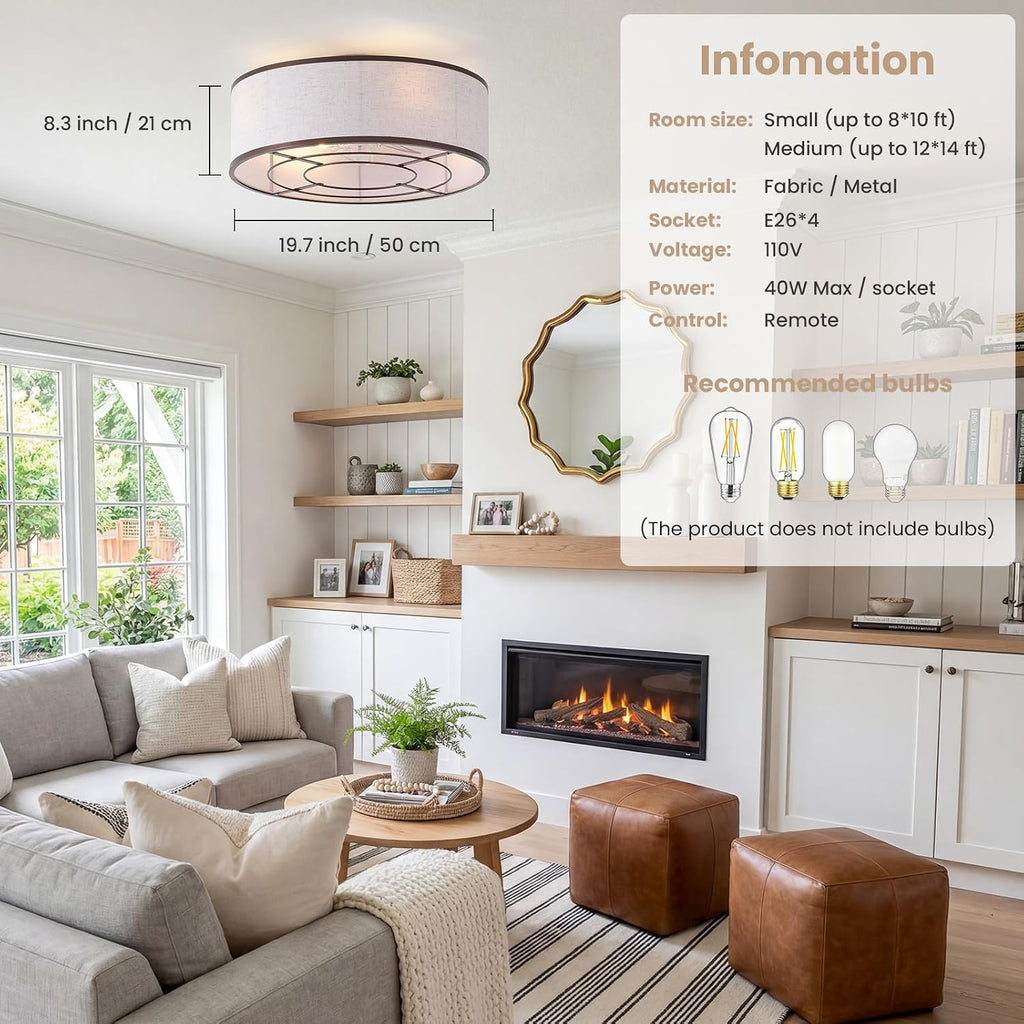 20 Inch Boho Ceiling Fan with Light, Low Profile Flush Mount Caged Ceiling Fan, Bladeless Brown Drum Chandelier with Remote, 6 Speed Reversible DC Motor for Bedroom Living Room, Nursery