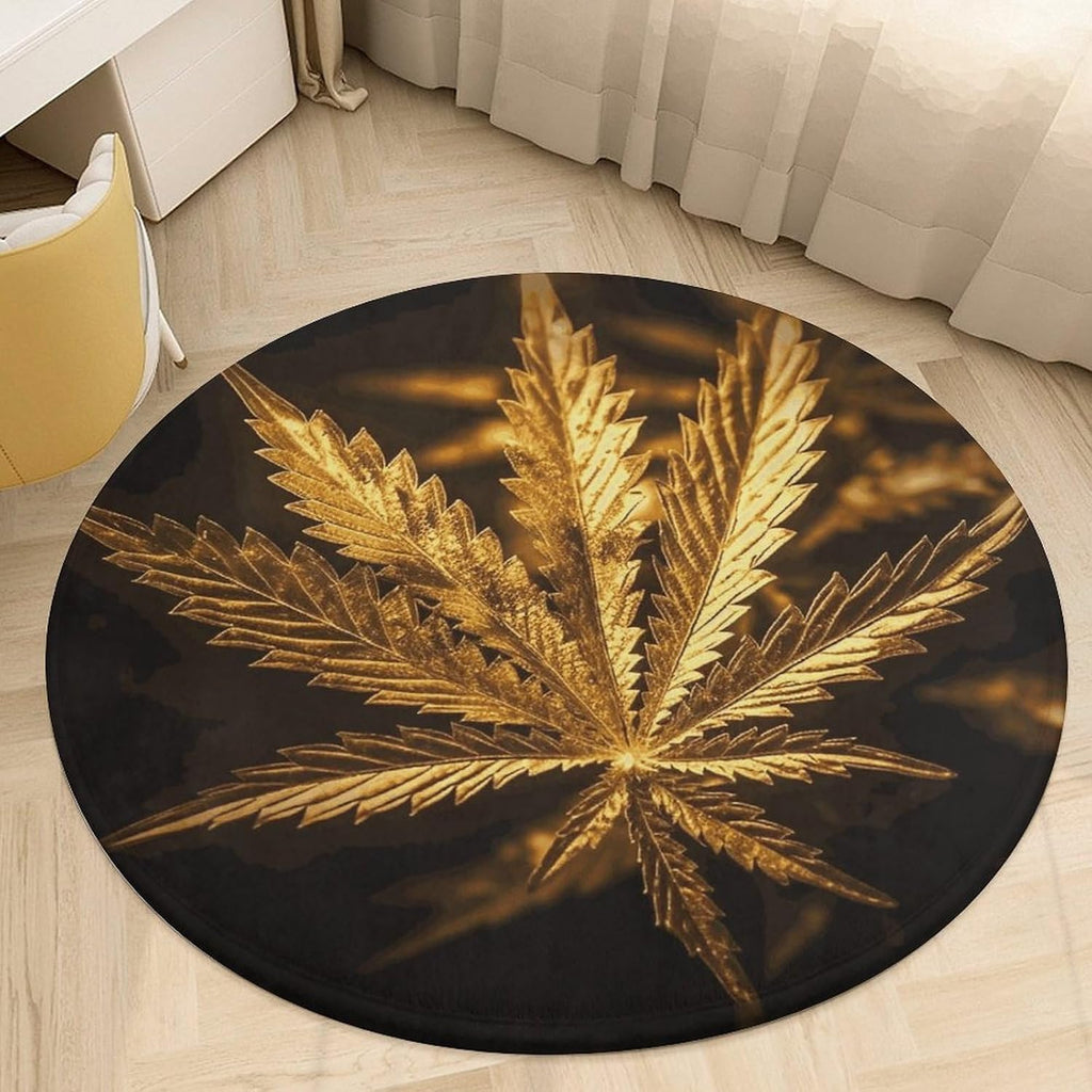 Golden Cannabis Coral Velvet Round Floor Mat Non-Slip Bath Rug Floor Covering for Bathroom Vanity Guest Suite & Vacation Home