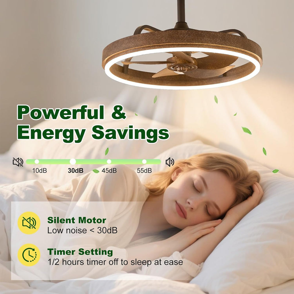 Farmhouse Fandelier Retro Ceiling Fan with Light, 20' Rustic Brown Dimmable LED Chandelier Ceiling Fans, Low Profile Smart Bladeless Ceiling Fan Lights 6 Speeds for Bedroom, Living Room