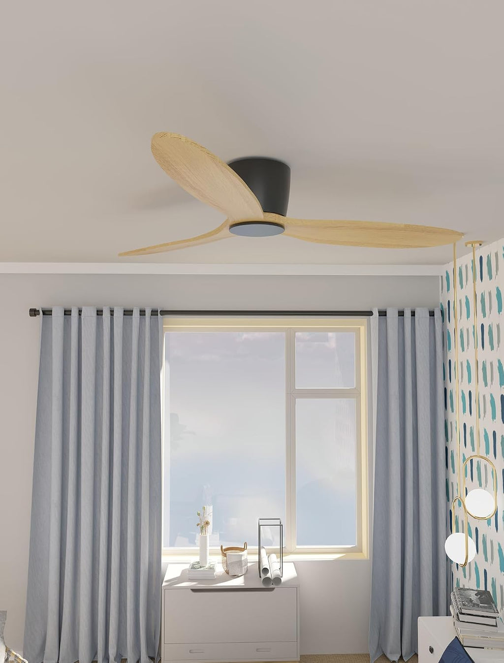 Ceiling Fan no Lights, 52 Inch Low Profile Ceiling Fans without light, Flush Mount Fan with Remote, Modern Natural Wood Ceiling Fan for Bedroom Indoor Outdoor, 6-Speed Reversible DC Motor, Timer