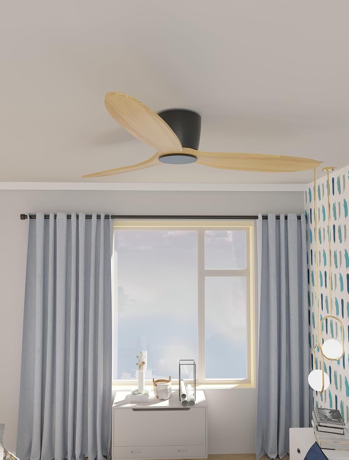 Ceiling Fan no Lights, 52 Inch Low Profile Ceiling Fans without light, Flush Mount Fan with Remote, Modern Natural Wood Ceiling Fan for Bedroom Indoor Outdoor, 6-Speed Reversible DC Motor, Timer