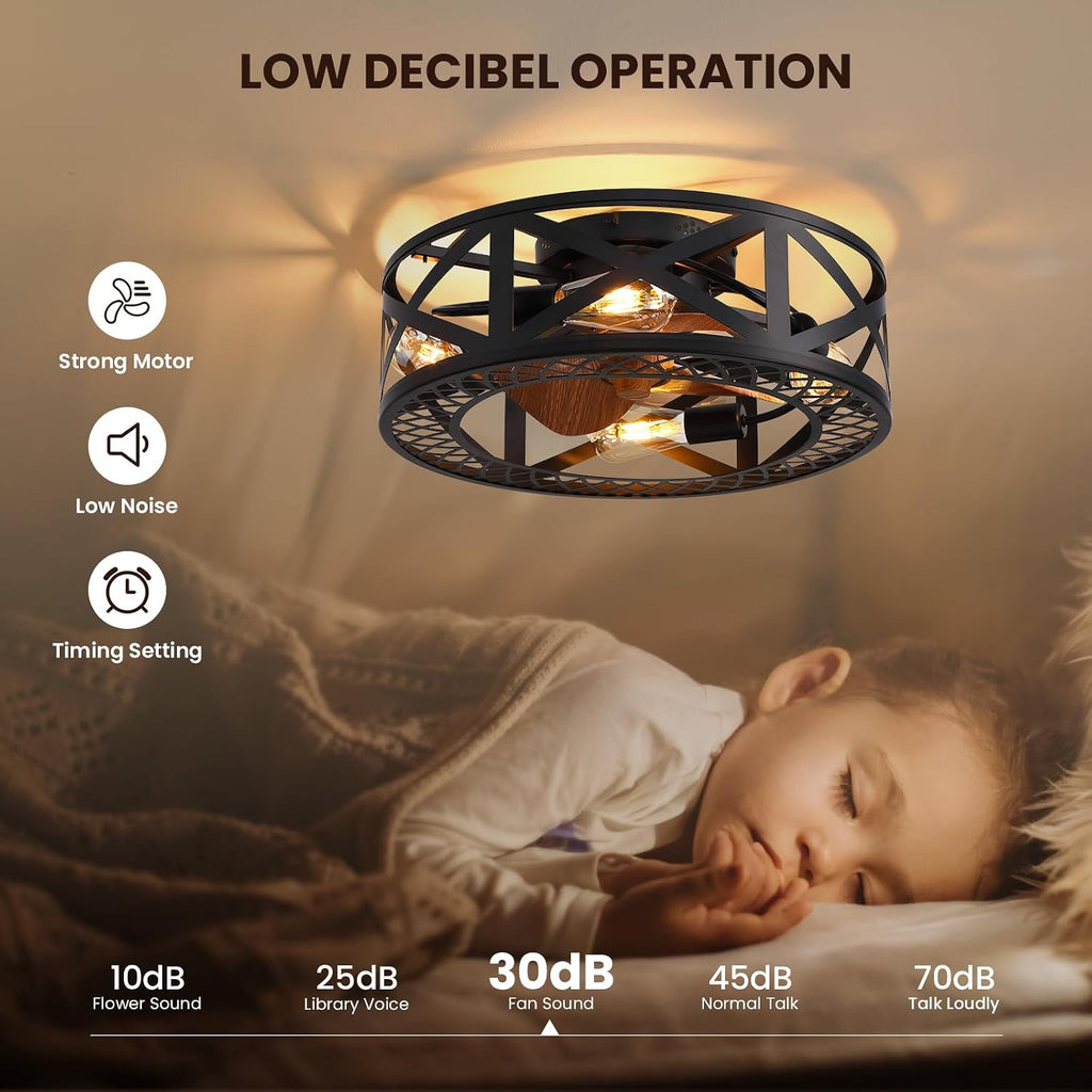 20' Caged Ceiling Fans with Lights, Modern Dimmable Flush Mount Ceiling Fan with Lights Remote, Black Low Profile Ceiling Fan for Bedroom, Kitchen,6 Speed Reversible