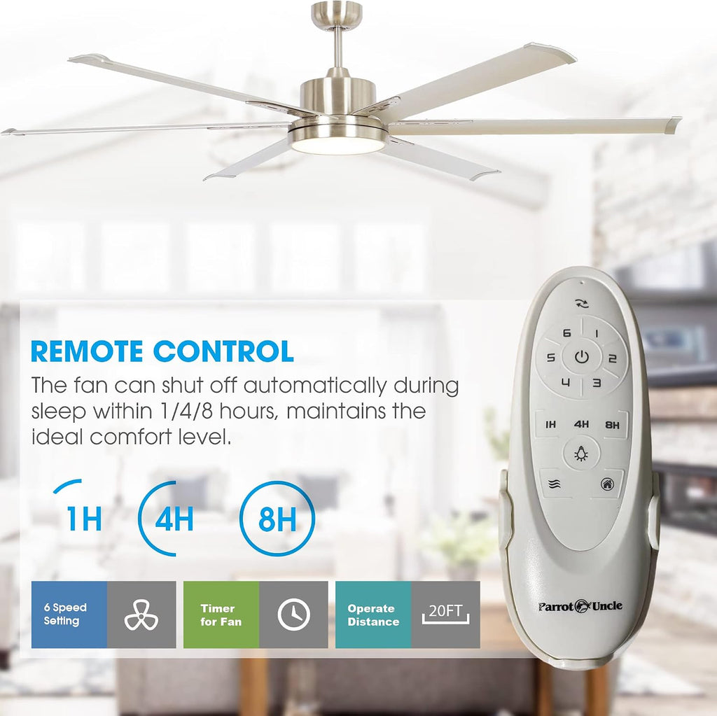 Industrial Ceiling Fans with Lights and Remote, 65 Inch Large Ceiling Fan for Living Room Bedroom, Outdoor Ceiling Fans for Patios, DC Motor Reversible 6 Blades, Ventilador de Techo, Brushed Nickel