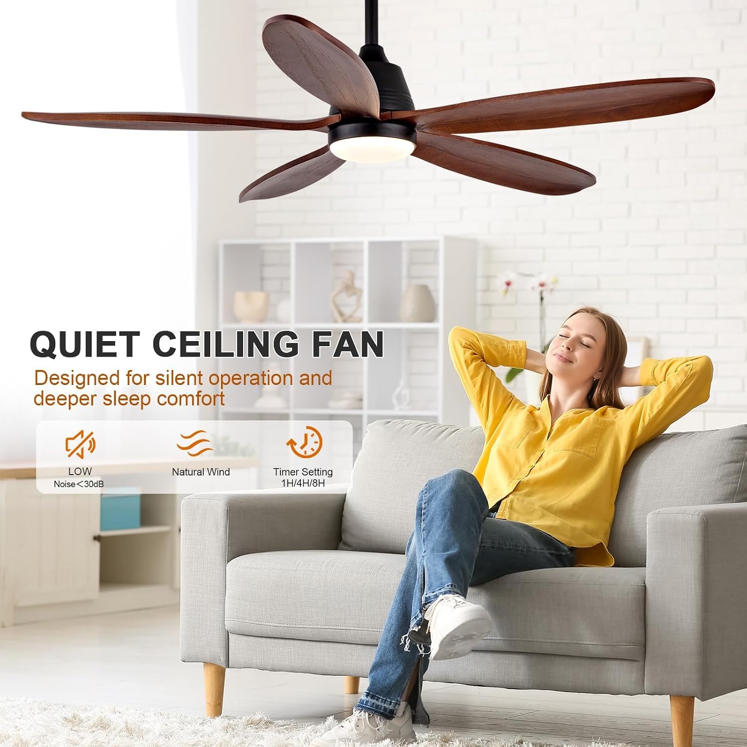 48 Inch Wood Ceiling Fans with Lights and Remote, Modern Outdoor Ceiling Fan with Light for Patio, Dimmable, 5 Blades, Wall Switch, Reversible DC Motor, Memory Function (Black Walnut)