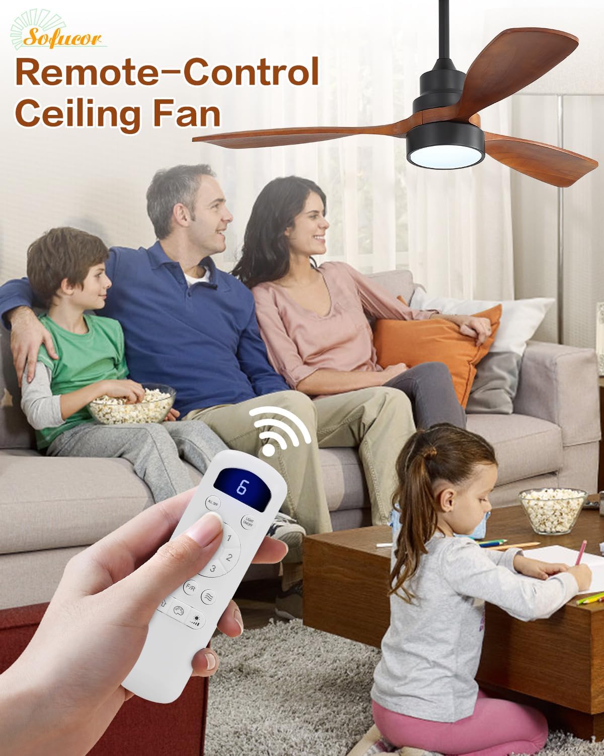 Sofucor 48 Inch Ceiling Fans with Lights and Remote Control-Modern Flush Mount & Downrod Mount Ceiling Fan for Bedroom Living Room Indoor Outdoor Farmhouse Patio, Timer Quiet DC Motor, Black&Walnut