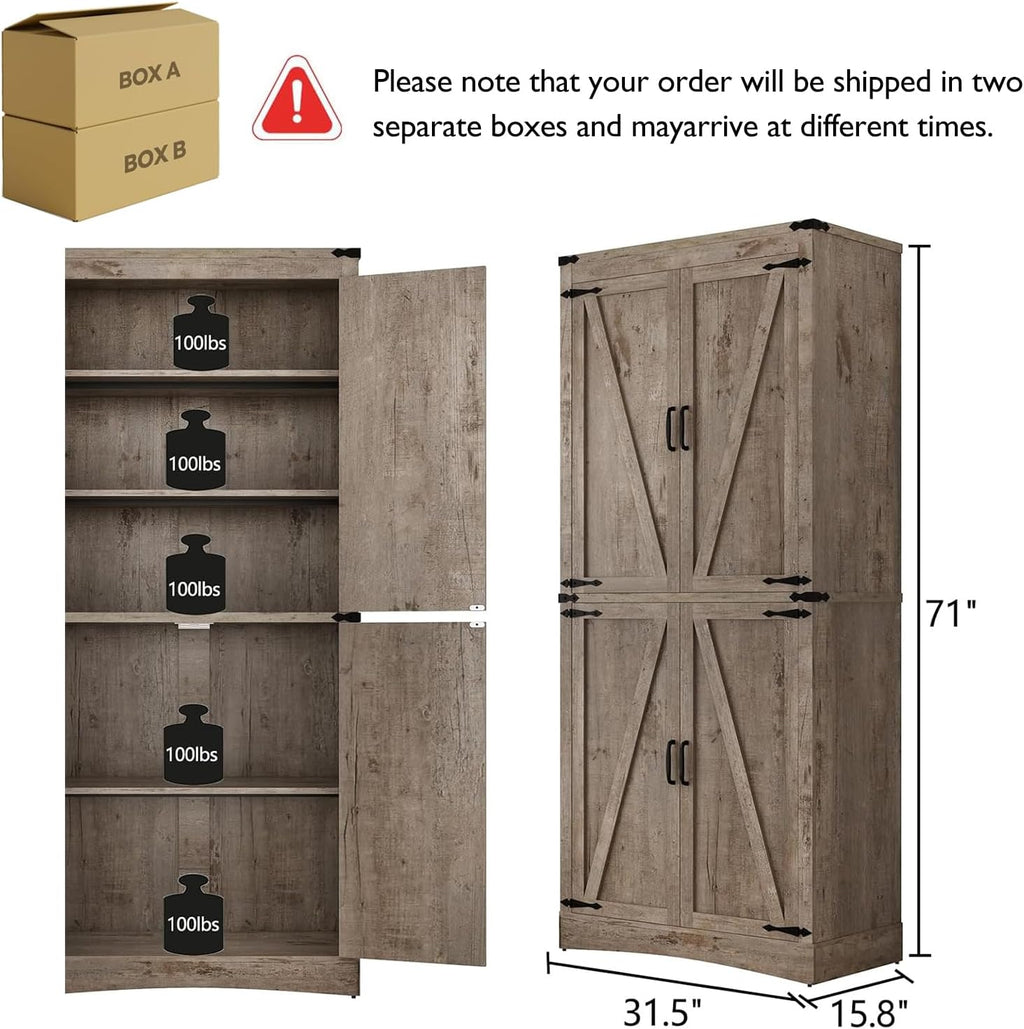 71in Farmhouse Kitchen Pantry Cabinet,Tall Storage Cabinet with 4 Doors and Adjustable shelves,with Load-Bearing Steel Pipe,Wood Storage Cabinets for Kitchen,Dining Room,Bathroom(Light Rustic Oak)