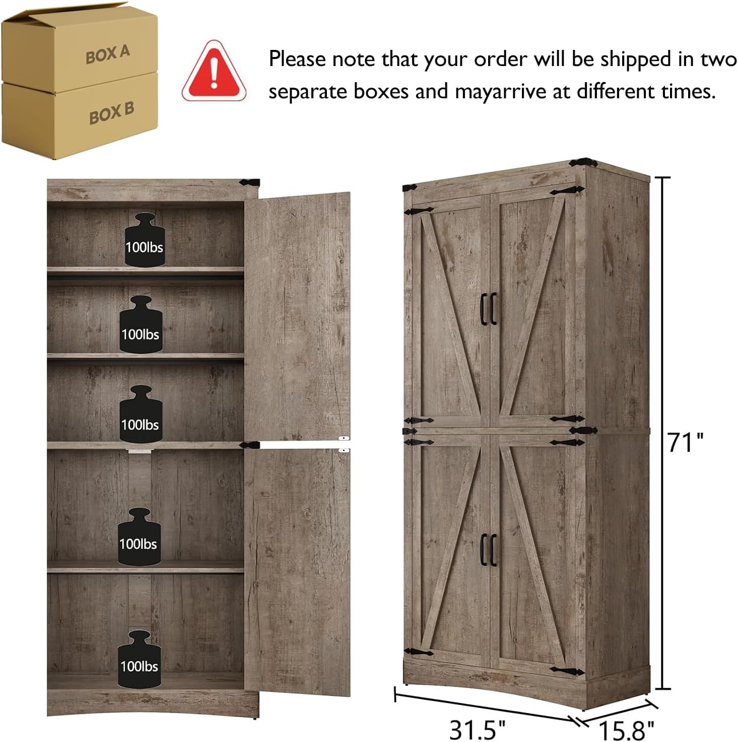 71in Farmhouse Kitchen Pantry Cabinet,Tall Storage Cabinet with 4 Doors and Adjustable shelves,with Load-Bearing Steel Pipe,Wood Storage Cabinets for Kitchen,Dining Room,Bathroom(Light Rustic Oak)