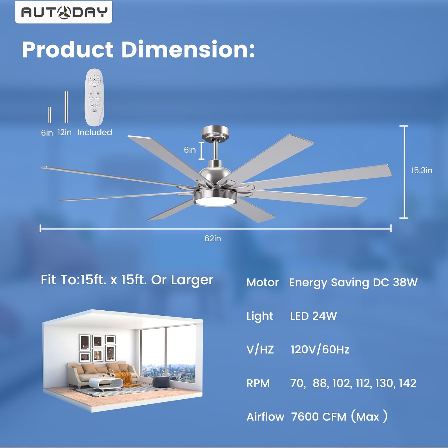 Large Ceiling Fans with Lights and Remote - 62 Inch Brushed Nickel Ceiling Fan with Light, Quiet DC Motor, 3 CCT, Modern Dimmable Lighting & Ceiling Fans for Living Room Patio,Indoor/Outdoor