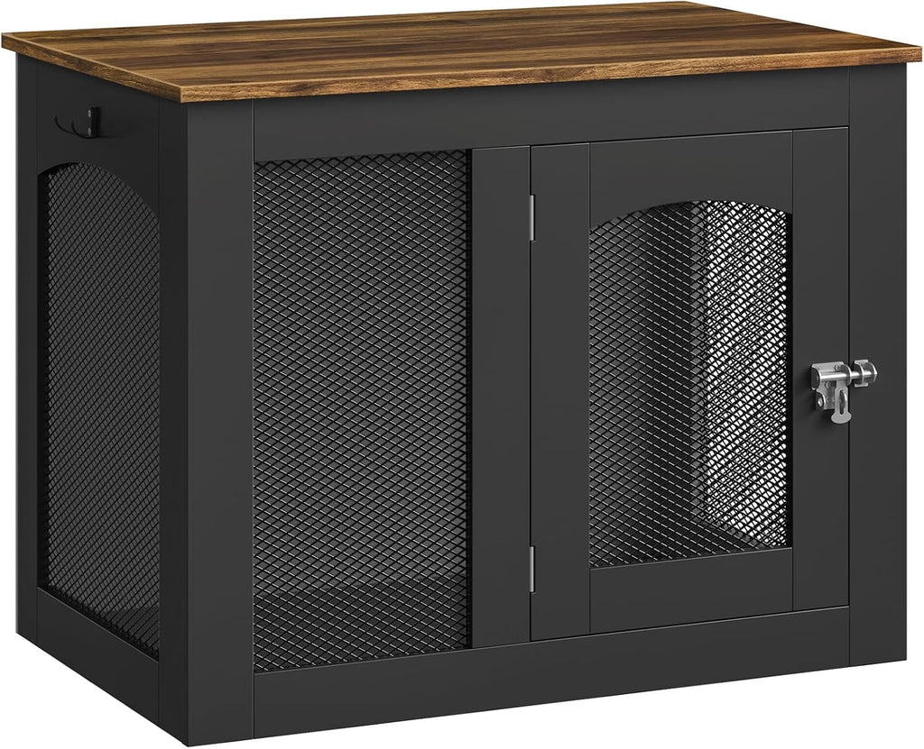 CHOEZON Wooden 30.1' Dog Crate Furniture, Farmhouse Pet Cage End Table with Secure Lock, Ventilated Mesh for Medium Dogs, Dog Kennel Furniture for Living Room, Bedroom, Black and Walnut MGW02BL