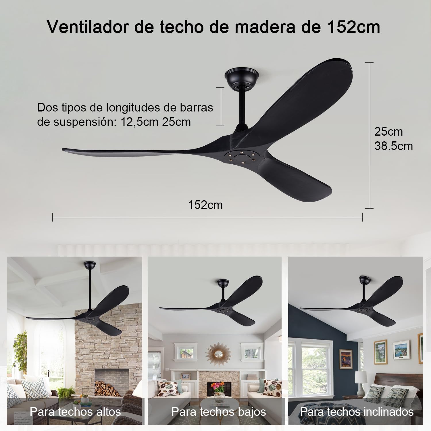 60 Inch Ceiling Fans without Lights, Black Ceiling Fans no Lights with Remote Control, 3 Solid Wood Blades, Indoor Outdoor Ceiling Fan for Patios Living Room