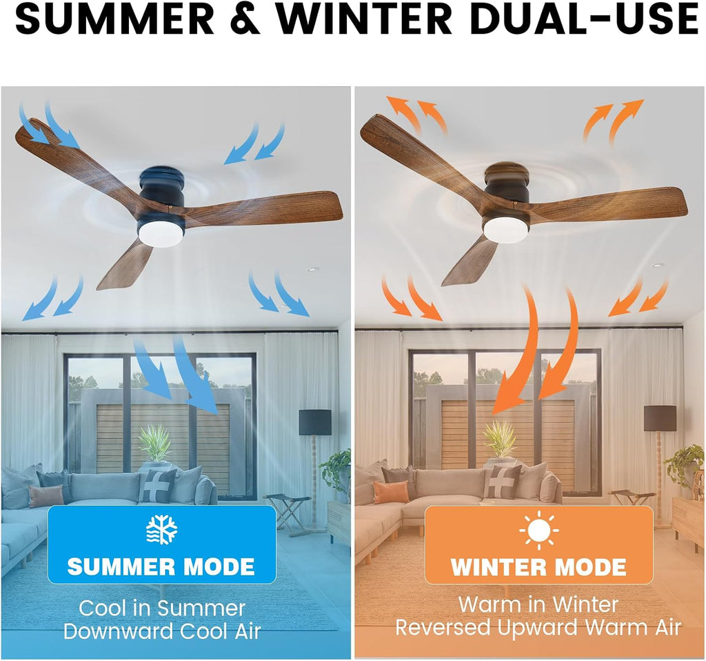 52 Inch Ceiling Fans with Lights Remote, Amber solid wood Low Profile Flush Mount Ceiling Fan with Light, Timing Silent Reversible DC Motor LED Fan Lighting Indoor Outdoor Fans for Farmhouse Bedroom