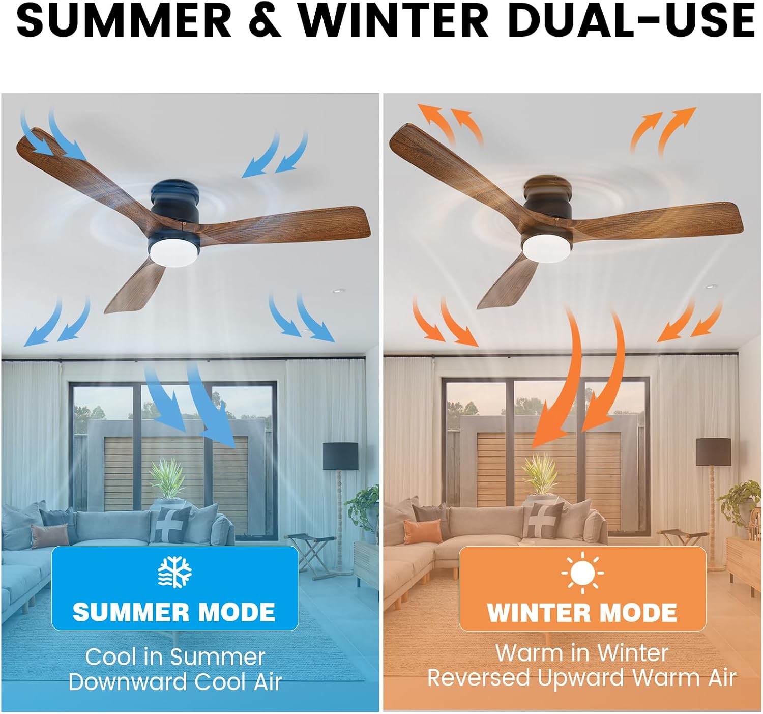 52 Inch Ceiling Fans with Lights Remote, Amber solid wood Low Profile Flush Mount Ceiling Fan with Light, Timing Silent Reversible DC Motor LED Fan Lighting Indoor Outdoor Fans for Farmhouse Bedroom