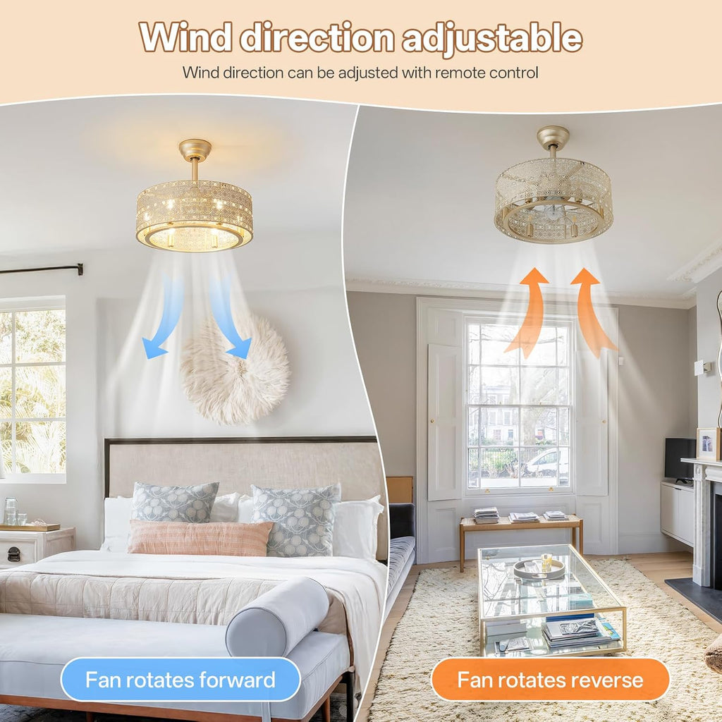 20' Gold Fandelier Ceiling Fan with Lights, Mid Century Gold Caged Ceiling Fans with Lights and Remote, Crystal with 6 Speeds for Bedroom, Living Room, Kitchen