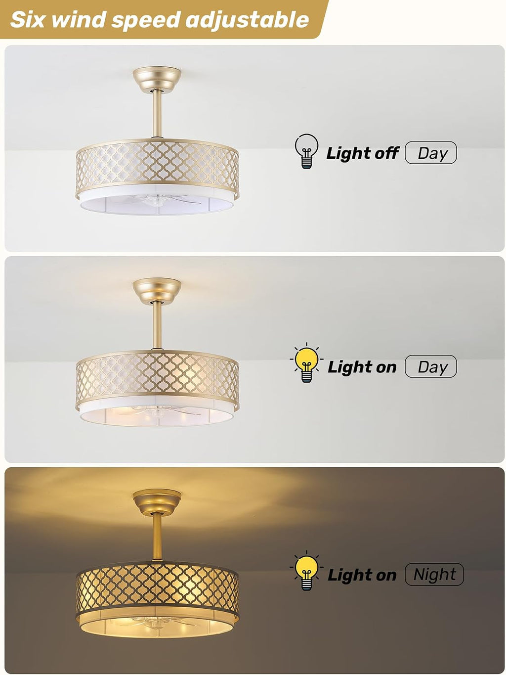 20' Gold Fandelier Ceiling Fan with Lights, Caged Boho Ceiling Fan with Light Remote Control, Rattan with 6 Speeds for Bedroom, Nursery, Living Room