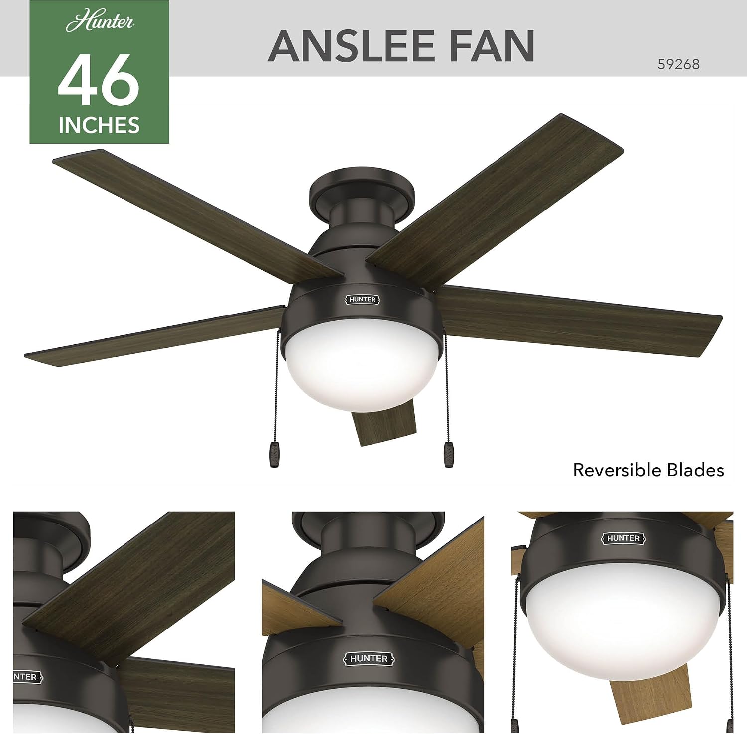 Hunter 46 inch Indoor Ceiling Fan with LED Light - Bronze Ceiling Fan with Pull Chain, For Bedroom, Living Room, or Kitchen, Low Profile Mount, No Remote, 5 Blades - Anslee 59268, Premier Bronze