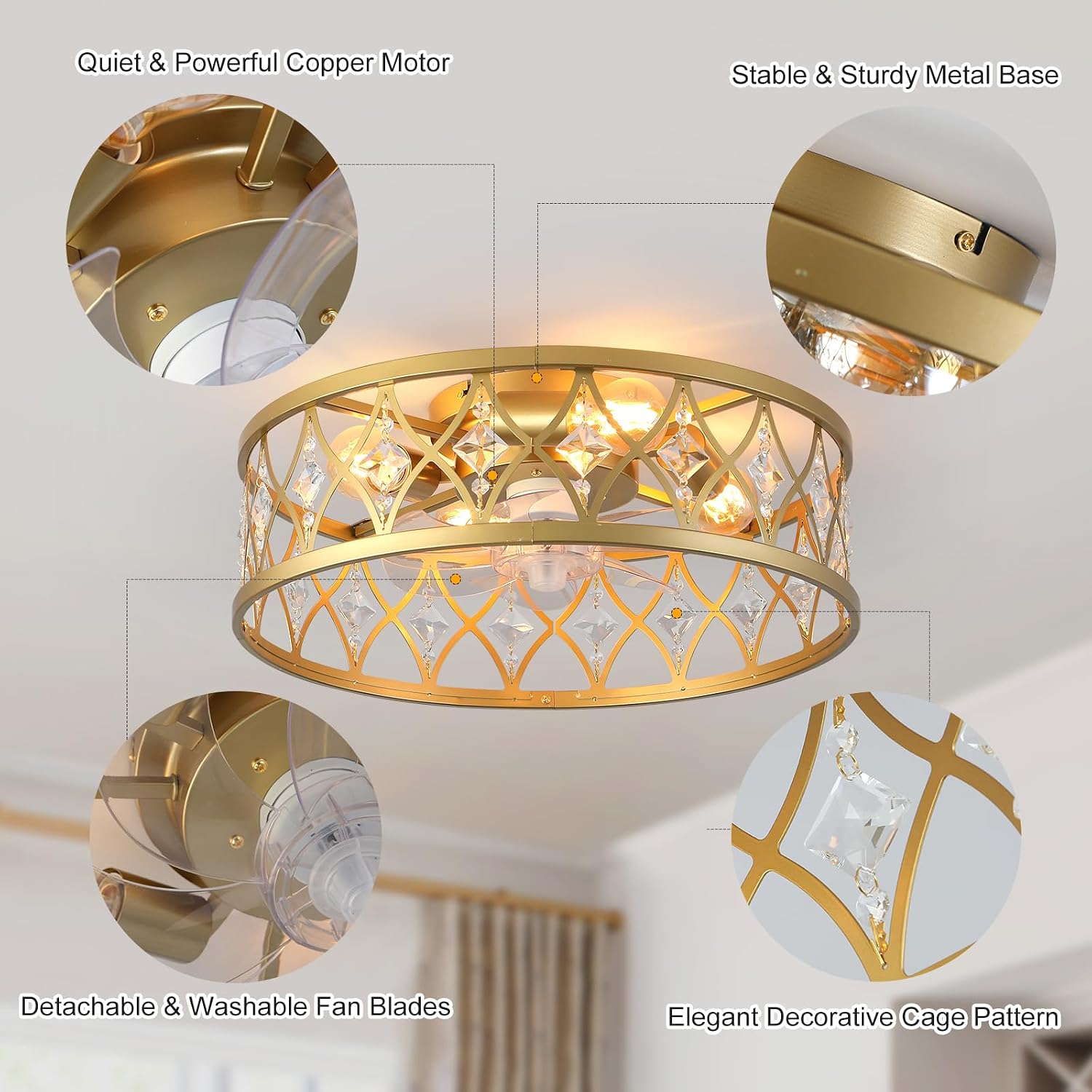 Garwarm Caged Ceiling Fan with Light,20' Ceiling Fans with Lights and Remote,Bladeless Fandelier Small Low Profile Ceiling Fan Light Fixture for Bedroom,Kitchen,Dining Room,Gold
