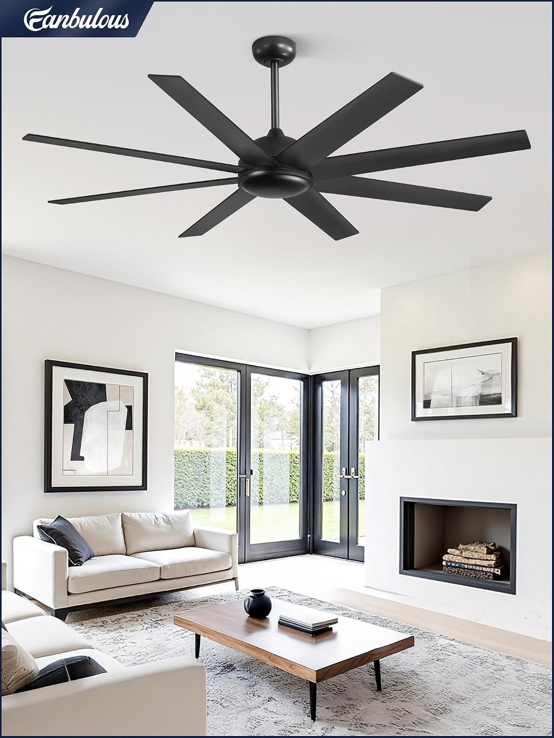 Fanbulous 62 Inch Large Ceiling Fan no Light, Ceiling Fan Black with Remote, 6-Speeds, Quiet Reversible DC Motor, 8 Blades, Indoor/Outdoor Modern Ceiling Fans for Living Room, Garage, Patio