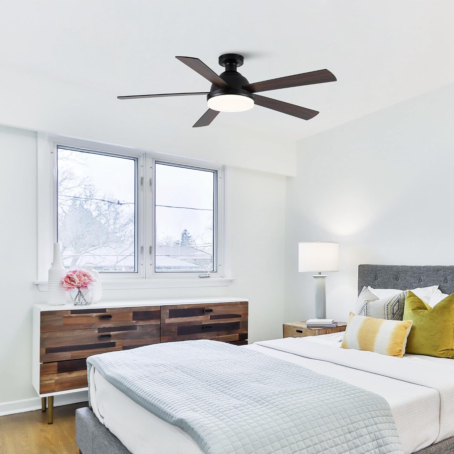 Black Ceiling Fans with Lights, 52 Inch Outdoor Ceiling Fans with Lights and Remote, Modern Indoor Bedroom Ceiling Fan Noiseless, Reversible Blades, DC Motor