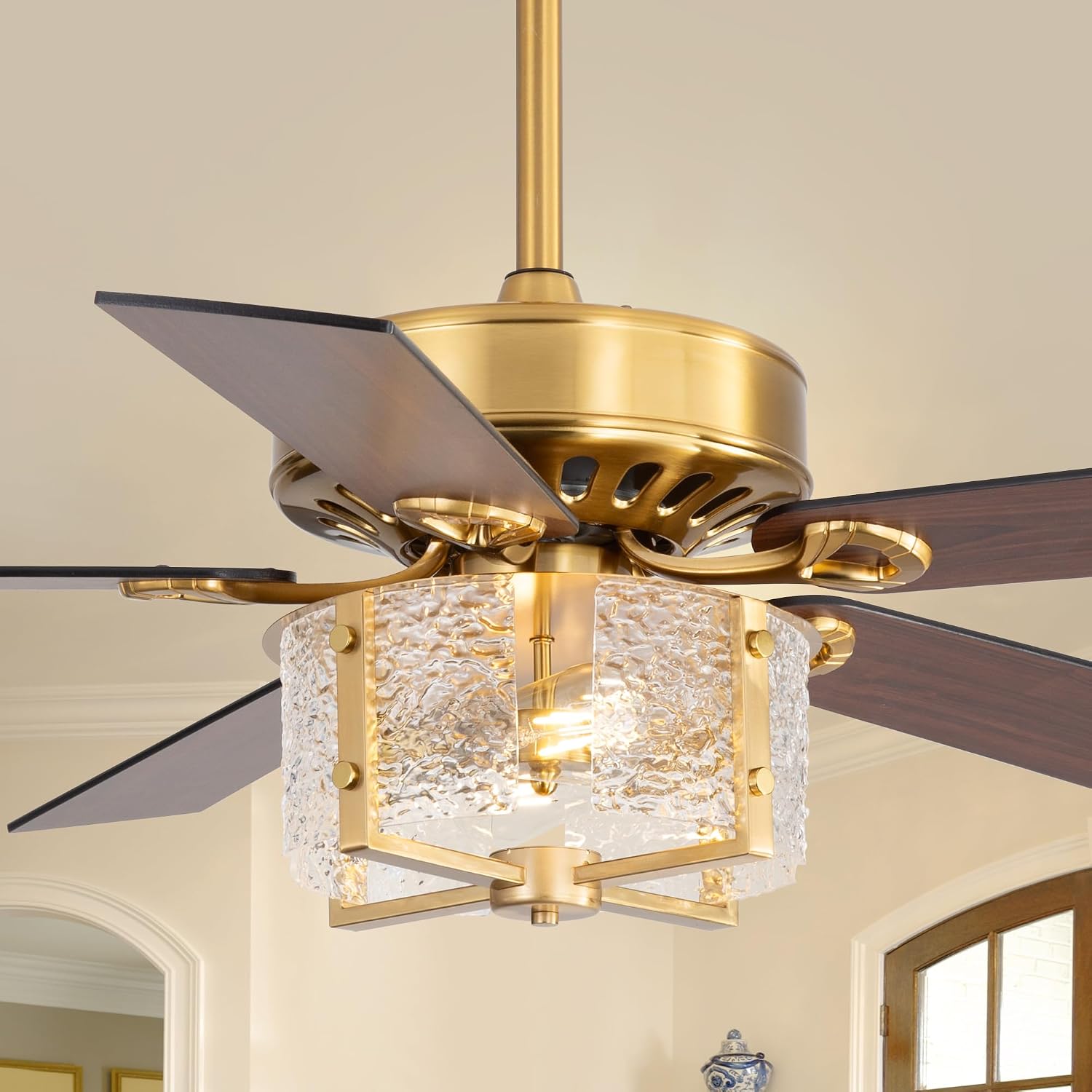 52 Inch Rustic Farmhouse Ceiling Fan with Light & Remote, Ultra Quiet DC Motor, Reversible 5-Blade Design Antique Ceiling Fan Light Dual Downrod for Low/High Ceilings - Modern Black Gold